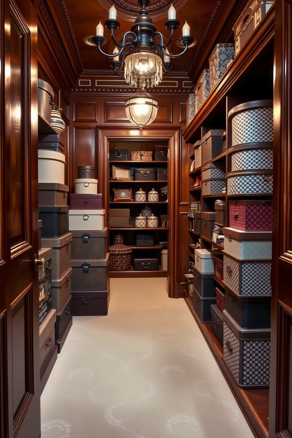 A vintage walk-in closet featuring elegantly stacked hat boxes in various sizes and patterns. The space is adorned with rich wood paneling, plush carpeting, and ornate lighting to enhance the Victorian charm.