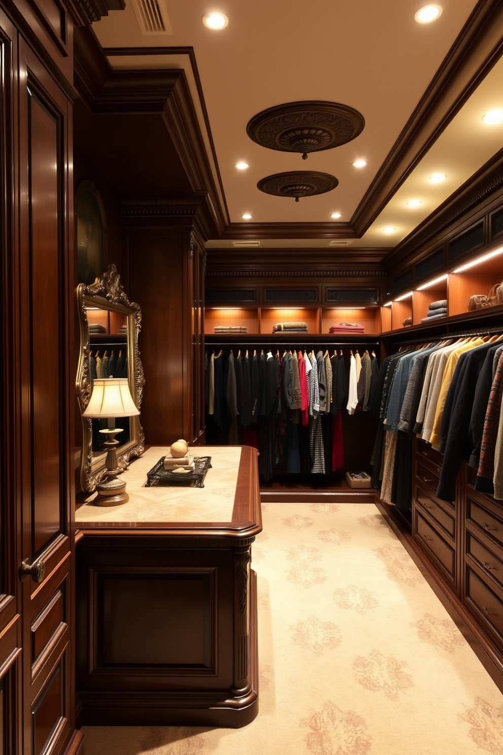 A luxurious Victorian walk-in closet featuring adjustable lighting that enhances both functionality and ambiance. The space is adorned with rich wood cabinetry, ornate moldings, and plush carpeting, creating an elegant atmosphere. The closet includes a central island with ample storage and a full-length mirror framed in intricate detailing. Soft, warm lighting highlights the clothing racks and display shelves, allowing for easy access and a refined shopping experience.