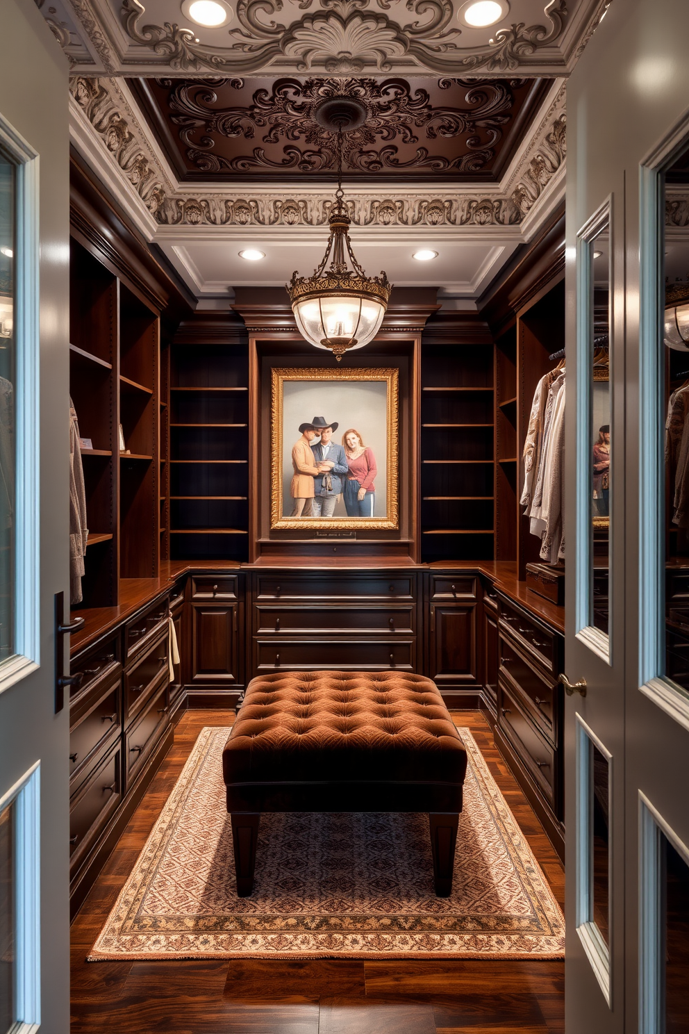 A luxurious Victorian walk-in closet adorned with intricate decorative crown molding that enhances the elegance of the space. The closet features rich wooden shelving and a plush velvet ottoman in the center, creating a sophisticated atmosphere.