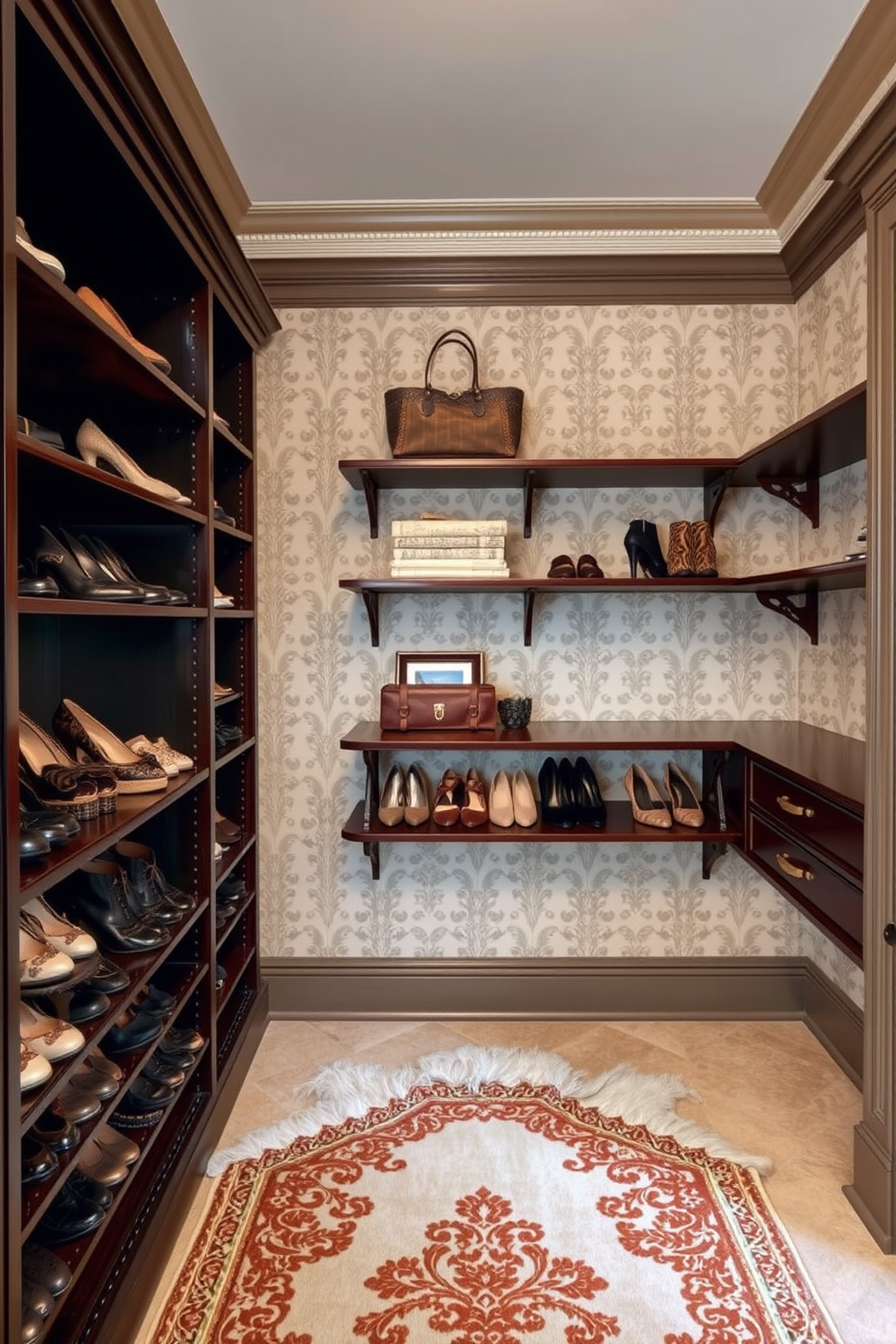 Open shelving for easy access is featured prominently in a Victorian walk-in closet design. Rich, dark wood shelves are lined with neatly arranged shoes and accessories, creating an elegant yet functional display. The walls are adorned with intricate moldings and soft, muted wallpaper that enhances the Victorian aesthetic. A plush area rug in a classic pattern anchors the space, adding warmth and comfort underfoot.