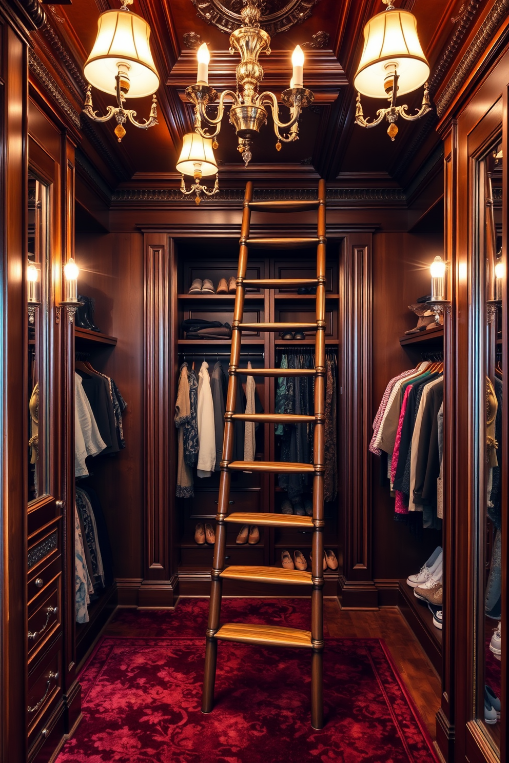 A luxurious Victorian walk-in closet featuring a stunning ladder for accessing high storage areas. The space is adorned with rich wood paneling, elegant chandeliers, and plush carpeting to create a warm and inviting atmosphere.