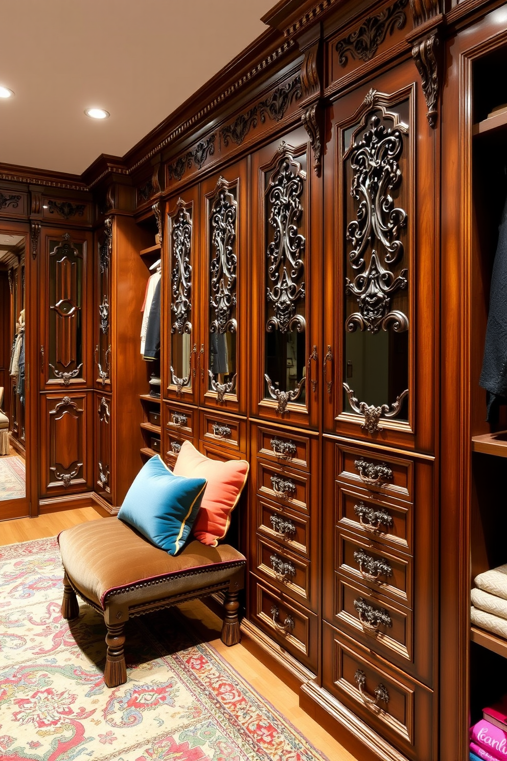 A luxurious walk-in closet designed in Victorian style features rich wooden cabinetry adorned with intricate carvings. Colorful accents such as plush velvet cushions and vibrant patterned rugs add brightness to the space, enhancing the elegance of the surroundings.