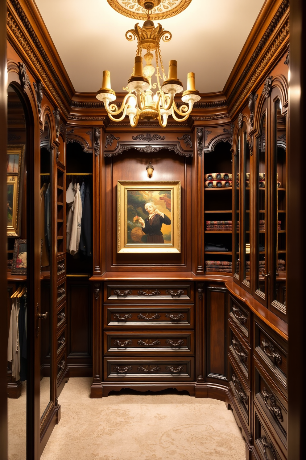 A luxurious Victorian walk-in closet featuring rich wooden cabinetry with intricate carvings. Elegant framed art pieces adorn the walls, adding a personal touch and enhancing the opulence of the space. The closet is illuminated by a stunning chandelier that casts a warm glow over plush carpeted flooring. Ample storage is provided by a combination of hanging space, shelves, and drawers, all designed with exquisite detailing.