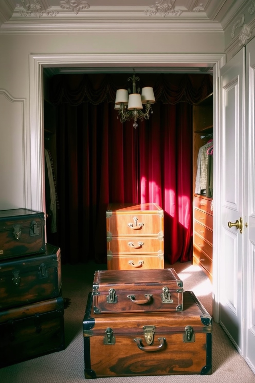 Vintage trunks for unique storage solutions. The trunks are arranged in a cozy corner of the room, showcasing rich wood finishes and intricate metal hardware. Victorian walk-in-closet design ideas. The closet features ornate moldings, plush velvet drapery, and a central island with elegant lighting overhead.