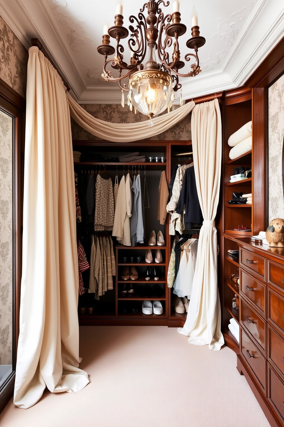 A luxurious walk-in closet with soft drapery that adds a romantic touch to the space. The walls are adorned with elegant wallpaper and the floor features a plush carpet in a muted color palette. Rich wooden shelving displays an organized collection of shoes and accessories. A vintage chandelier hangs from the ceiling, casting a warm glow over the beautifully arranged garments.