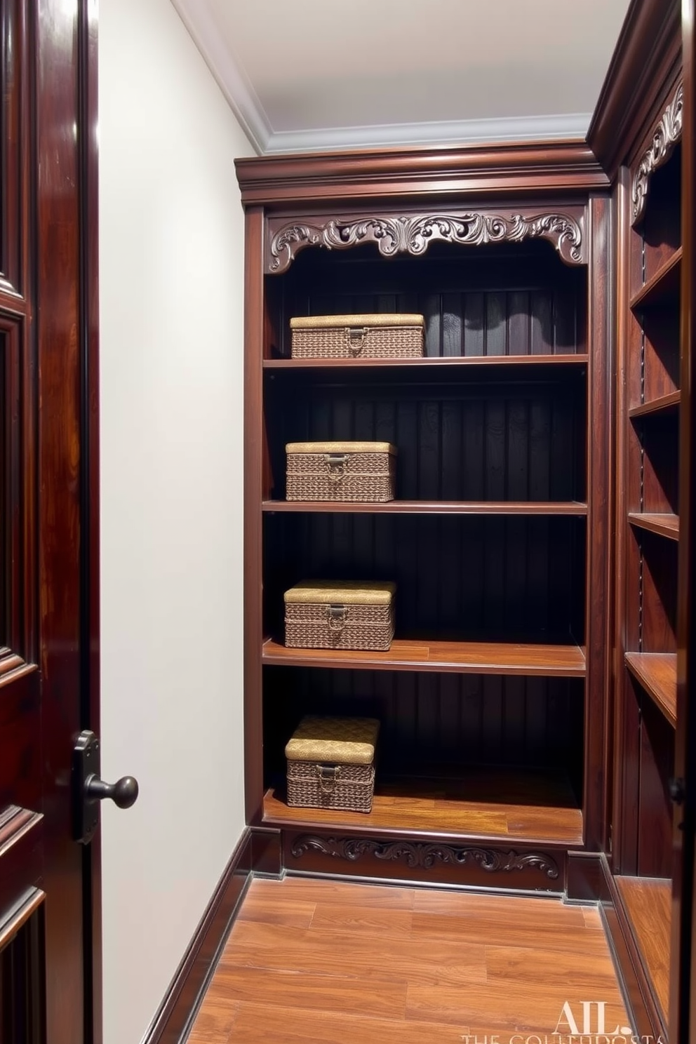 Antique wooden shelving adds classic charm to a Victorian walk-in closet. The shelves are intricately carved, showcasing a rich patina that enhances the timeless elegance of the space.