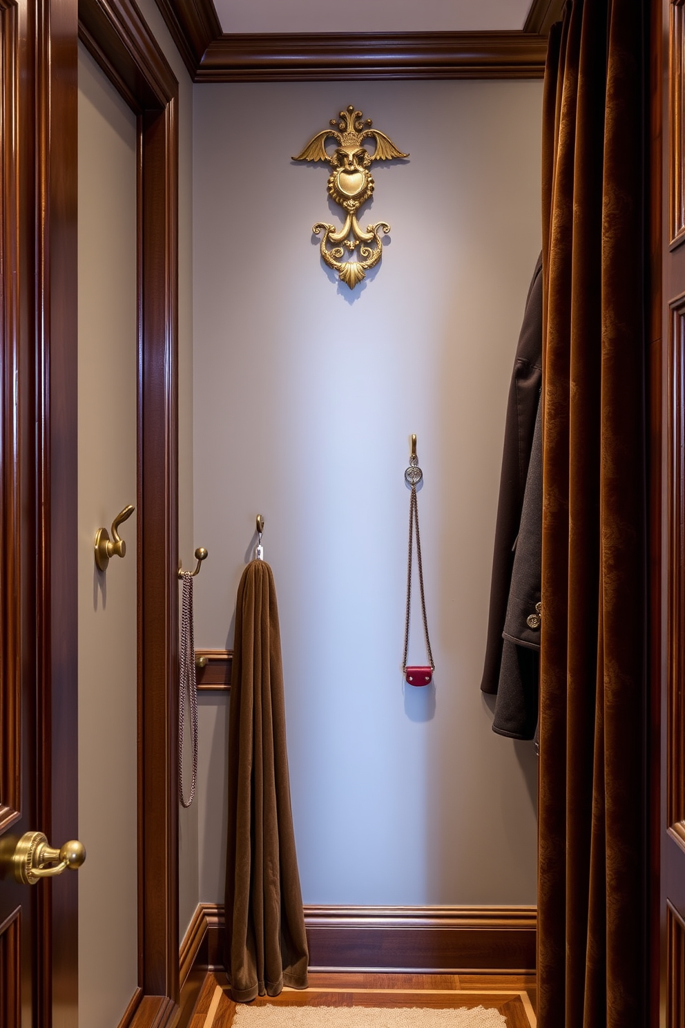 A luxurious Victorian walk-in closet featuring elegant wall-mounted hooks for displaying accessories. The hooks are crafted from ornate brass, complementing the rich wood paneling and plush velvet drapes that frame the space.