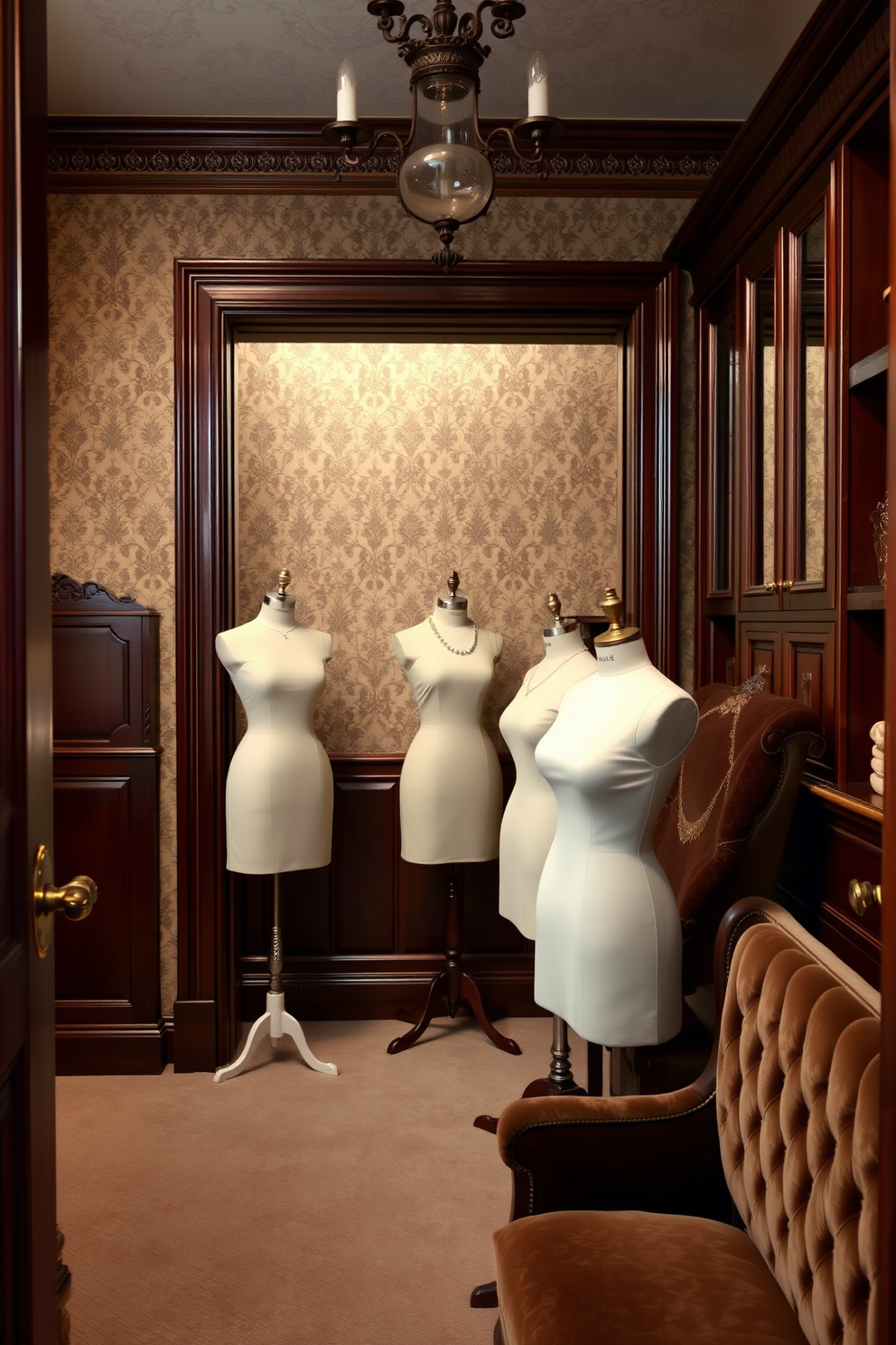 Antique dress forms elegantly positioned within a Victorian walk-in closet create a charming and nostalgic atmosphere. The walls are adorned with intricate wallpaper, and the space features rich wooden cabinetry and plush velvet seating.