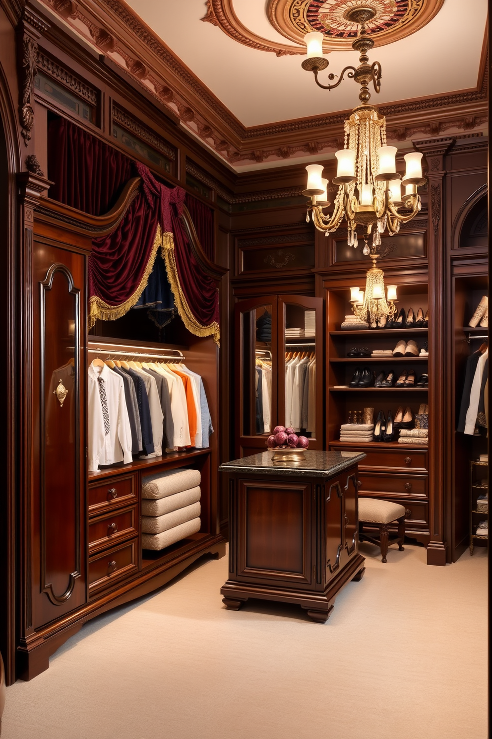 A classic armoire stands elegantly in the corner, crafted from rich mahogany with intricate carvings and a deep cherry finish. Inside, it features ample hidden storage for clothing and accessories, ensuring a tidy and organized space. The Victorian walk-in closet showcases opulent design elements, with ornate moldings and plush velvet drapery. A central island provides additional storage and display space, while vintage chandeliers illuminate the space with a warm, inviting glow.