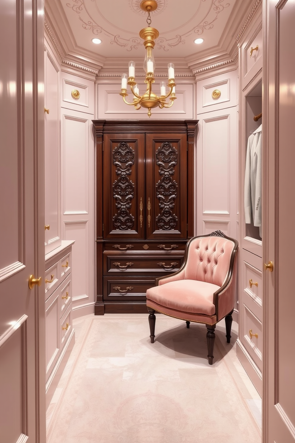 Elegant color palette for cohesive design. Soft hues of blush pink and cream create a serene atmosphere, complemented by gold accents for a touch of luxury. Victorian Walk-In-Closet Design Ideas. Rich mahogany cabinetry features intricate carvings, while plush velvet seating provides a comfortable spot for dressing.