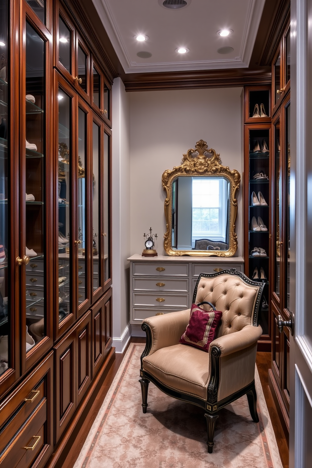 A luxurious Victorian walk-in closet featuring glass-front cabinets that elegantly display a curated collection of shoes and accessories. The cabinets are adorned with intricate woodwork and finished with polished brass hardware, creating a sophisticated ambiance. The spacious layout includes a plush seating area with a vintage upholstered chair and a large ornate mirror. Soft ambient lighting highlights the rich textures of the fabrics and the elegant details of the cabinetry.