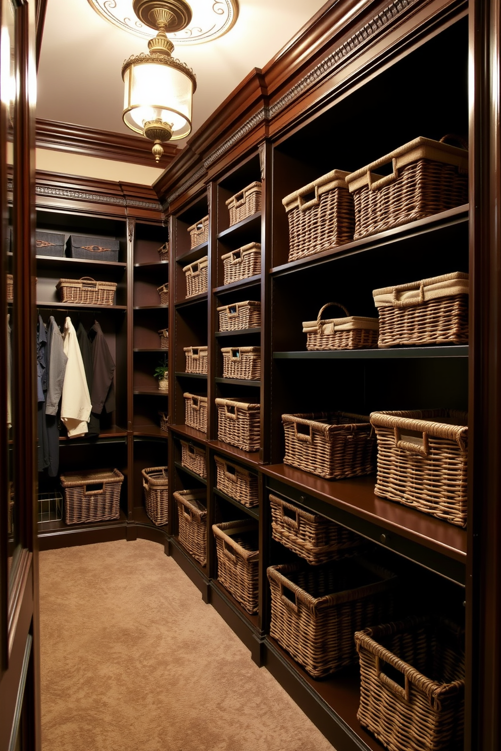 Stylish baskets for practical organization are essential in a Victorian walk-in closet. The space features ornate wooden shelving and rich, dark colors, with plush carpeting underfoot for a luxurious feel. Intricate details like crown molding and vintage lighting fixtures enhance the elegant atmosphere. Each basket is thoughtfully arranged to complement the overall design while providing functional storage solutions.