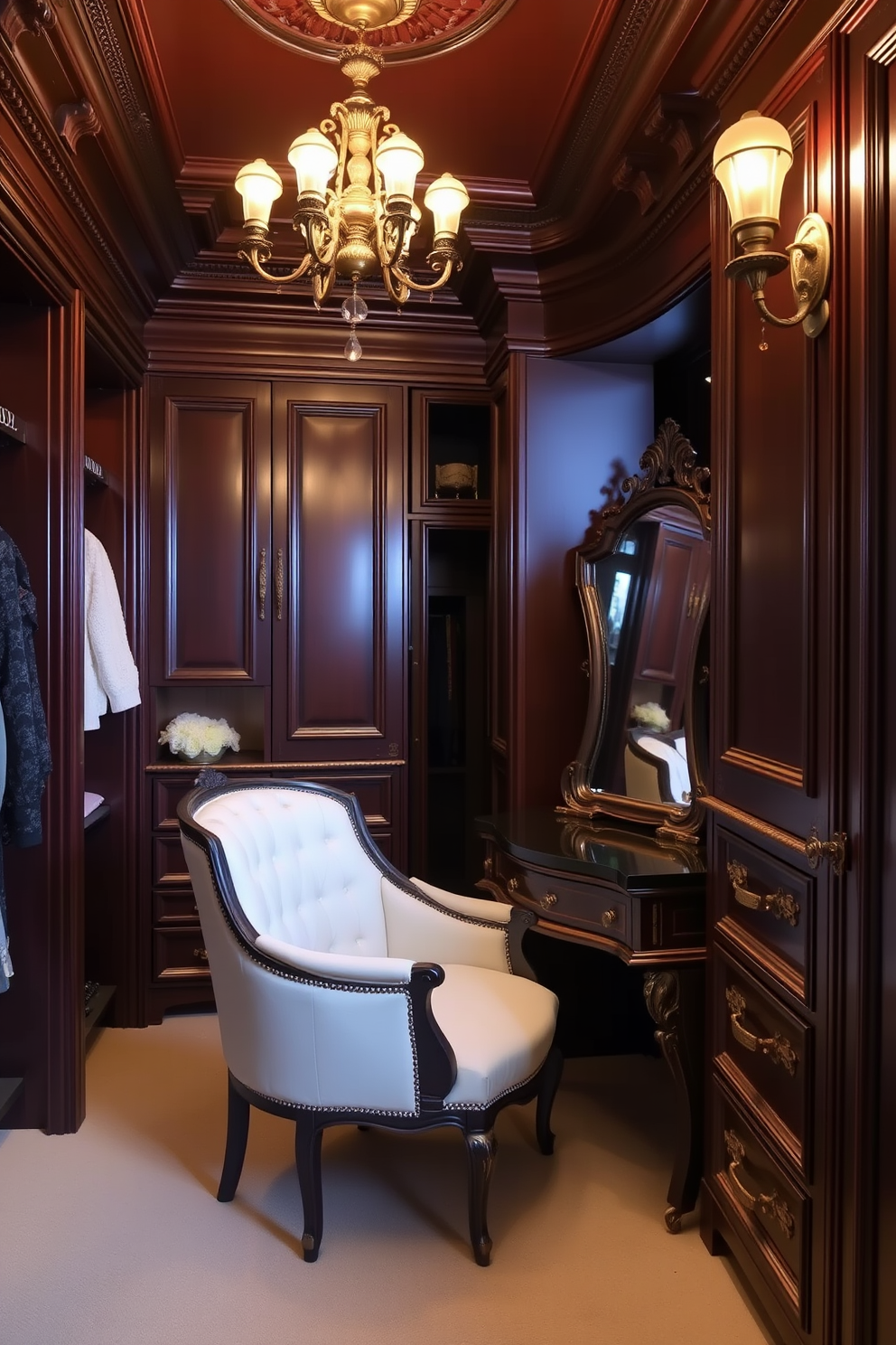 A luxurious Victorian walk-in closet featuring elegant sconce lighting that casts a warm glow throughout the space. The walls are adorned with rich, deep colors and intricate moldings, enhancing the opulent atmosphere. The closet is equipped with custom cabinetry that includes a combination of hanging space and drawers for organization. A plush seating area is included, with a vintage-inspired chair set against a beautifully designed vanity mirror.