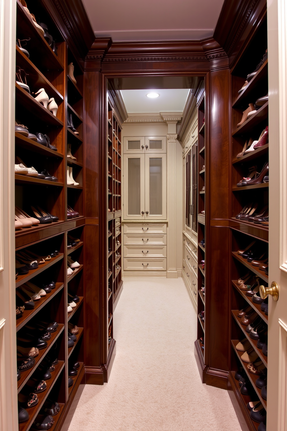 Customized shoe racks for organized footwear. The design features elegant shelving units crafted from rich mahogany, showcasing a variety of shoe styles in an orderly fashion. Victorian walk-in closet design ideas. The space includes ornate moldings and plush carpeting, with antique-inspired cabinetry that provides ample storage and a touch of classic charm.