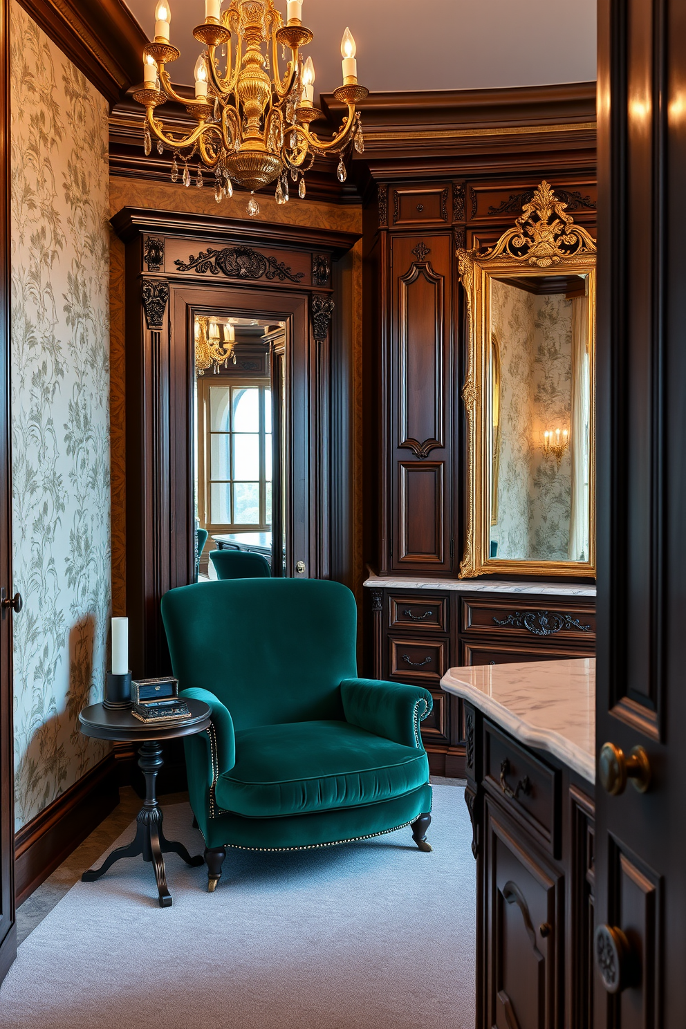 Chic seating nook for dressing comfort. A plush velvet armchair in deep emerald green is placed against a wall adorned with elegant wallpaper featuring a delicate floral pattern. Soft lighting from a vintage chandelier casts a warm glow over the space. A small round side table beside the chair holds a stylish jewelry box and a fragrant candle. Victorian Walk-In-Closet Design Ideas. Rich mahogany cabinetry with intricate carvings provides ample storage for clothing and accessories. A large central island topped with a polished marble surface offers additional space for folding clothes. Ornate mirrors framed in gold reflect the opulence of the room, enhancing its luxurious feel.