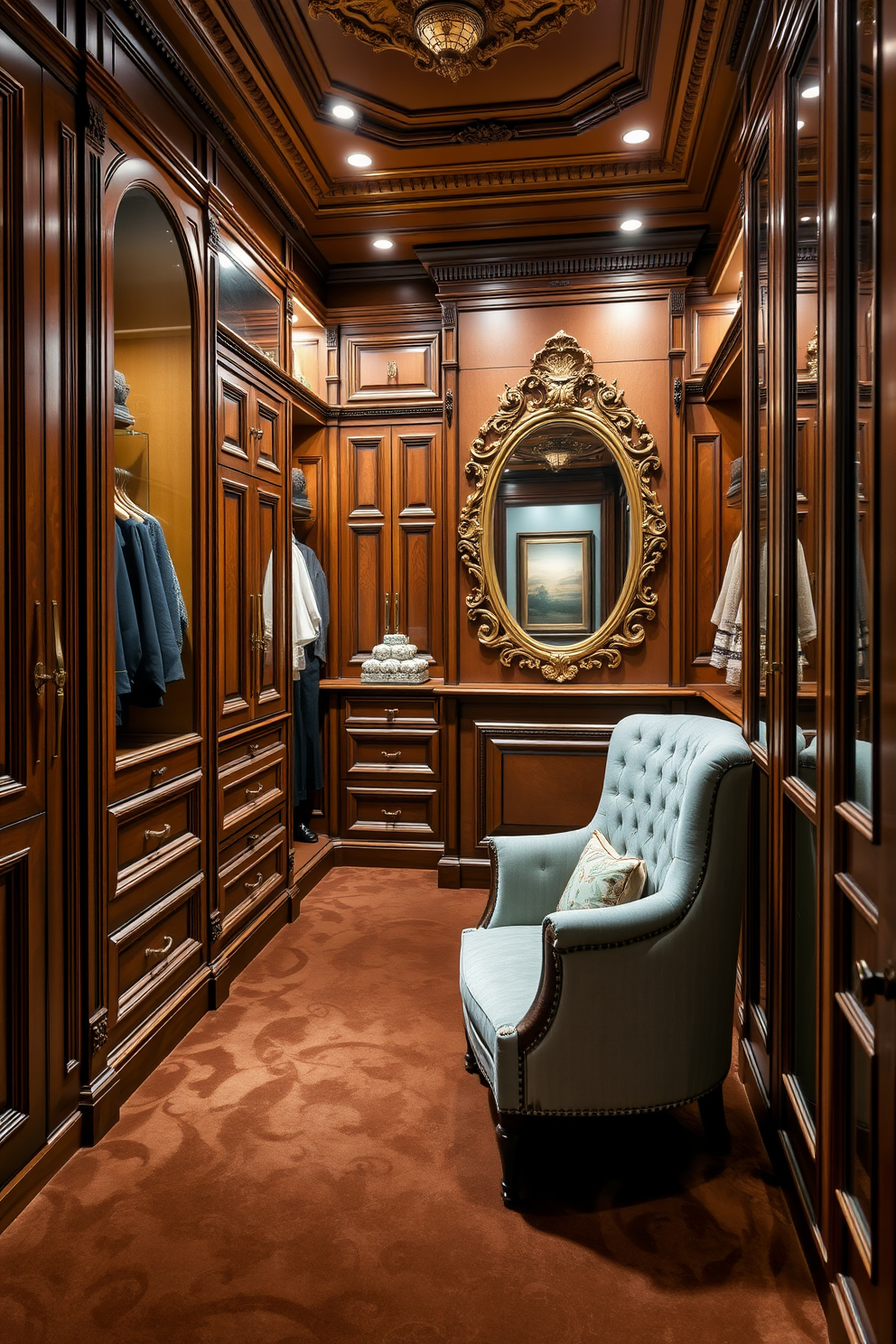 A luxurious Victorian walk-in closet featuring floor-to-ceiling storage solutions that maximize efficiency. The cabinetry is crafted from rich mahogany with intricate moldings, and elegant brass hardware adds a touch of sophistication. Soft, ambient lighting illuminates the space, highlighting the plush velvet carpet underfoot. A large, ornate mirror reflects the beauty of the room, while a cozy seating area invites relaxation amidst the stylish surroundings.