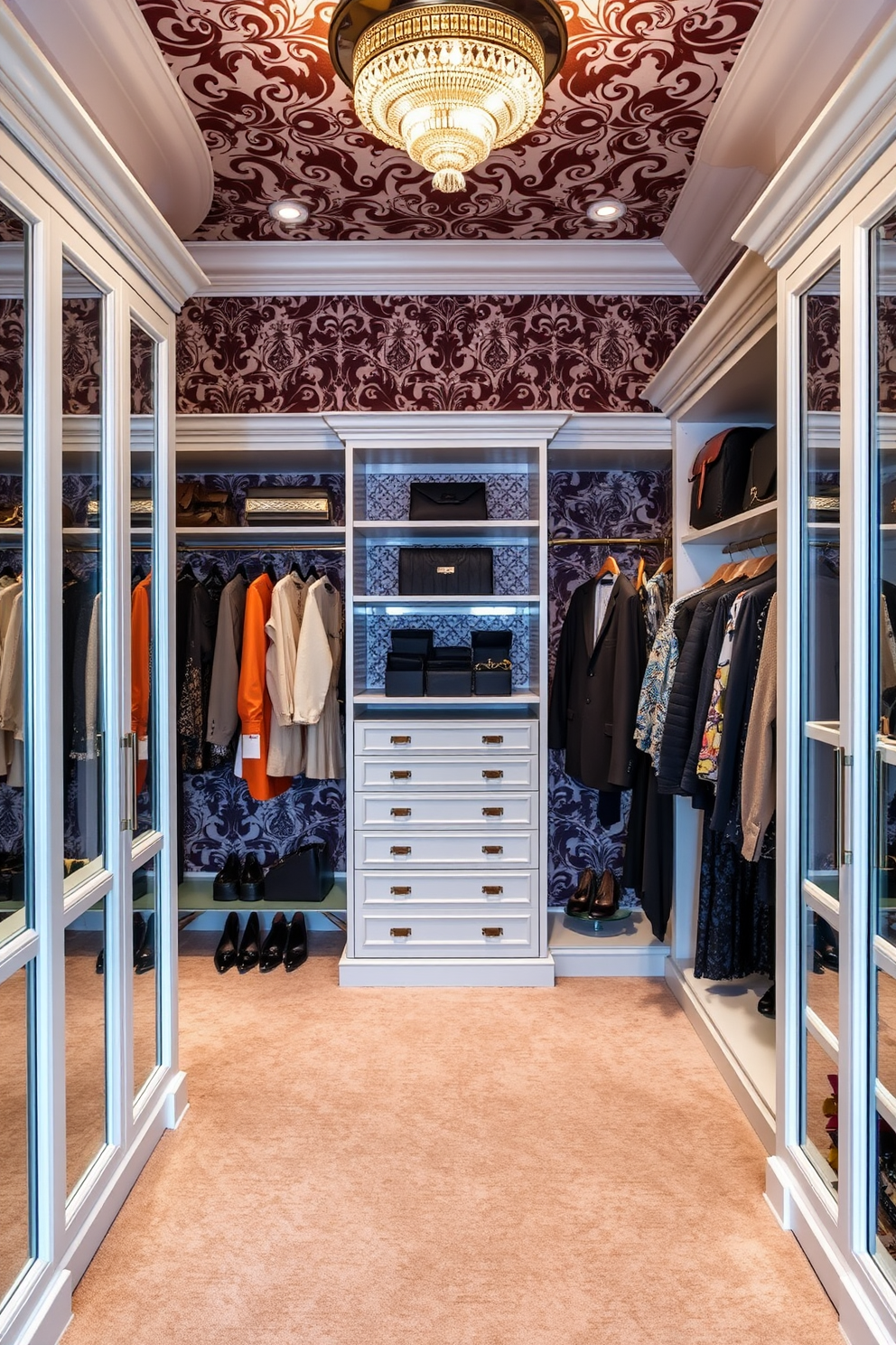 A luxurious walk-in closet featuring richly patterned wallpaper that adds dramatic flair to the space. Elegant shelving and hanging areas are designed to showcase an extensive collection of high-end fashion and accessories.