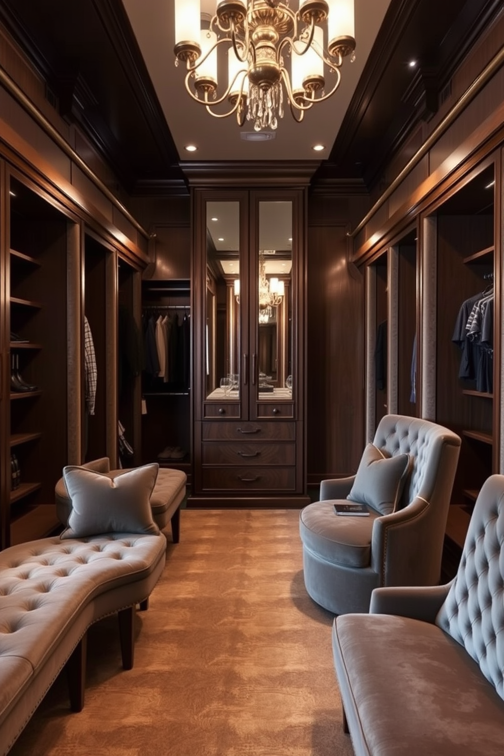 A luxurious walk-in closet featuring velvet upholstered seating that invites relaxation and comfort. The space is adorned with elegant lighting fixtures and rich wood finishes, creating a sophisticated atmosphere.