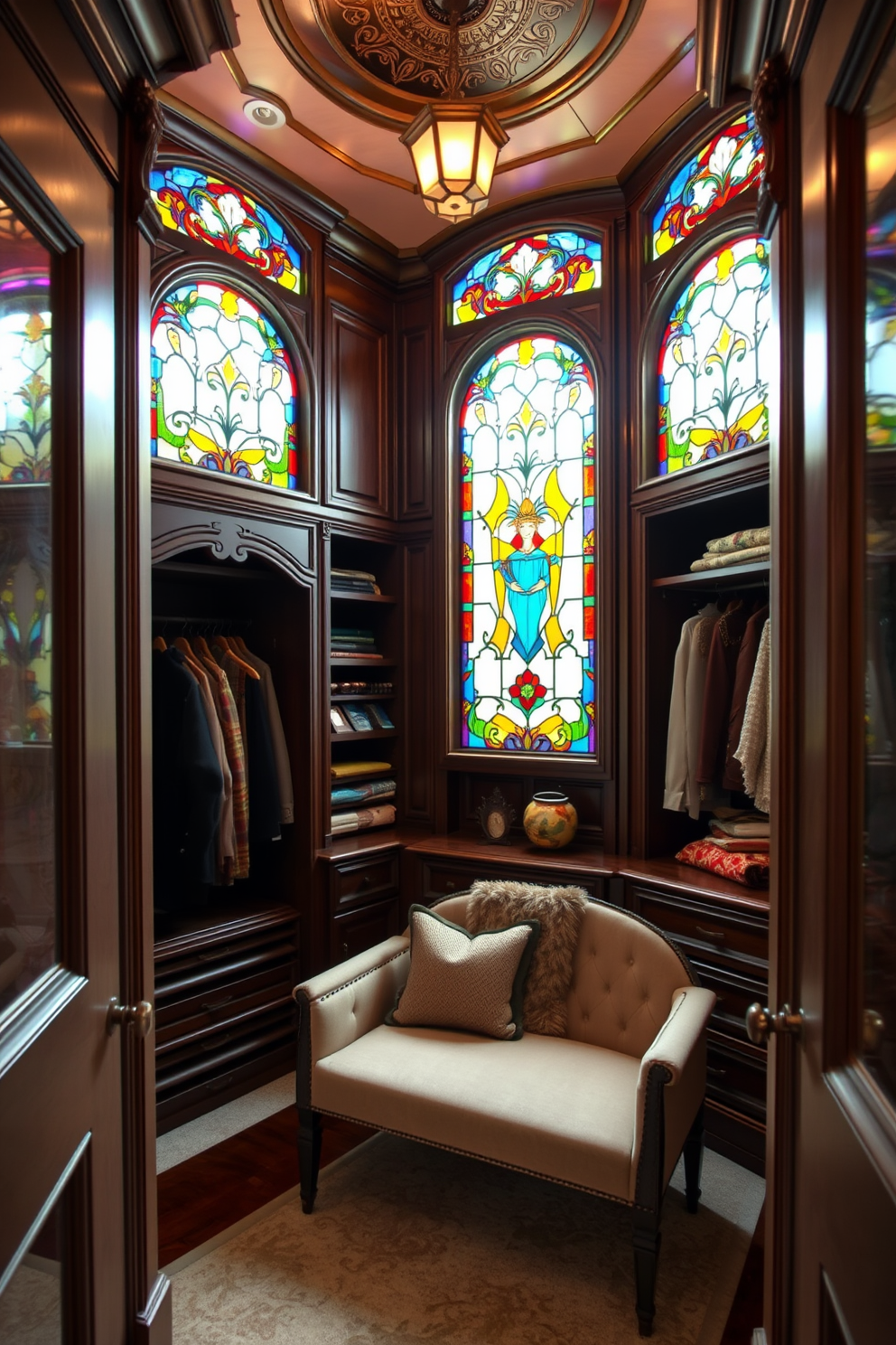 A luxurious walk-in closet featuring stained glass accents that filter colorful light throughout the space. The design includes elegant wooden shelving and a plush seating area, creating a sophisticated atmosphere. Richly detailed moldings frame the stained glass windows, enhancing the Victorian charm of the closet. Soft, ambient lighting complements the vibrant colors, making the space feel both inviting and opulent.