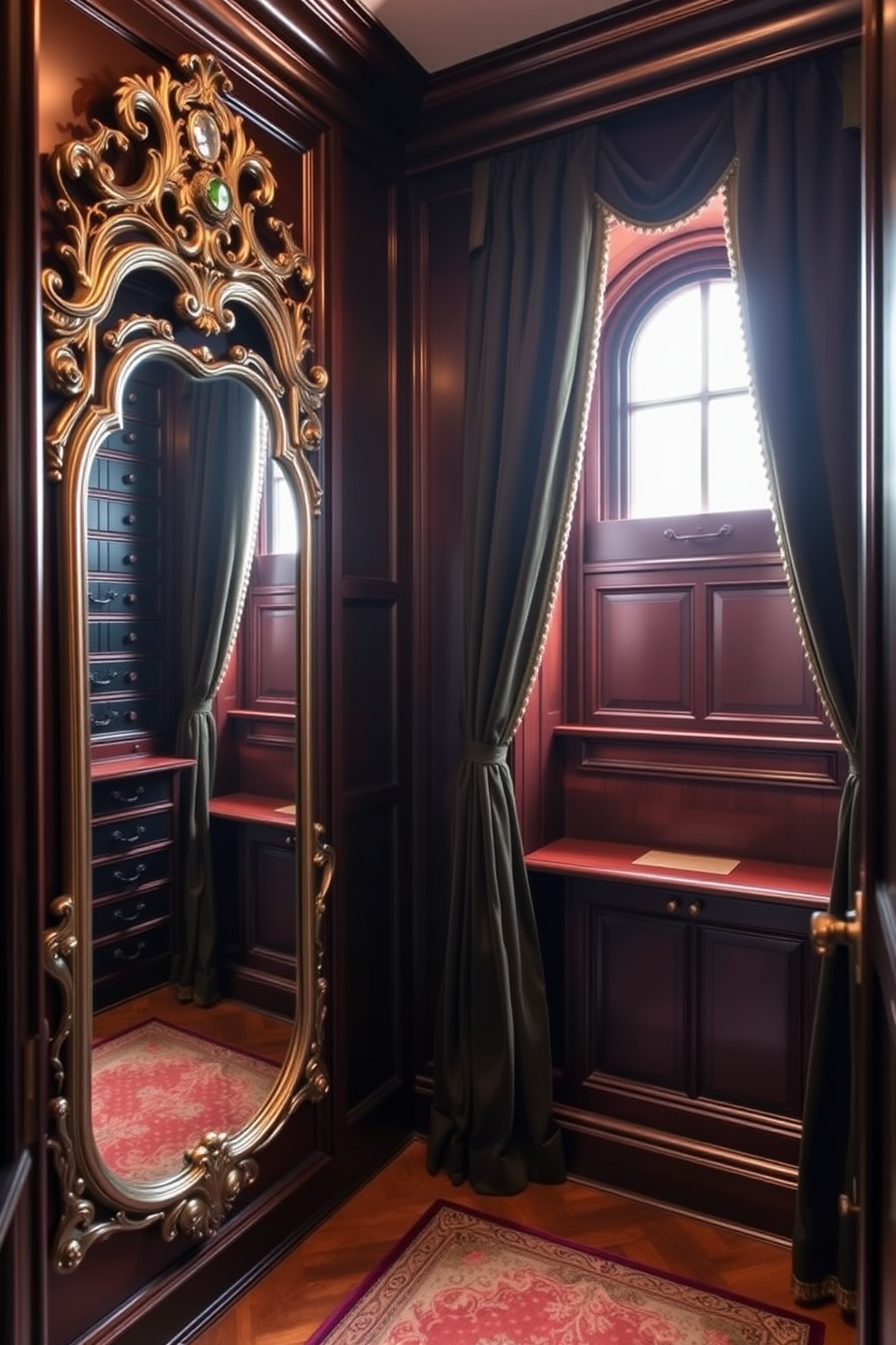 A luxurious Victorian walk-in closet features ornate mirrors strategically placed to enhance the sense of spaciousness. The walls are adorned with rich, dark wood paneling, and plush velvet drapes frame the windows, adding an air of elegance.