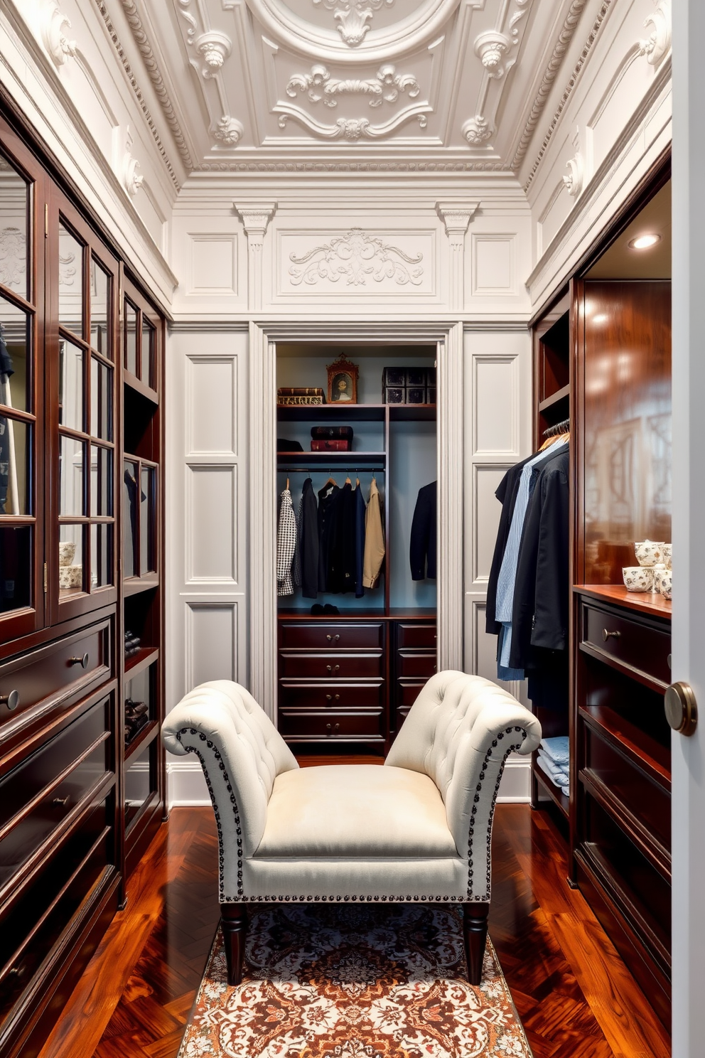 A Victorian walk-in closet featuring intricate moldings that add architectural interest. The space is adorned with rich wood finishes, elegant shelving, and a plush seating area for styling outfits.