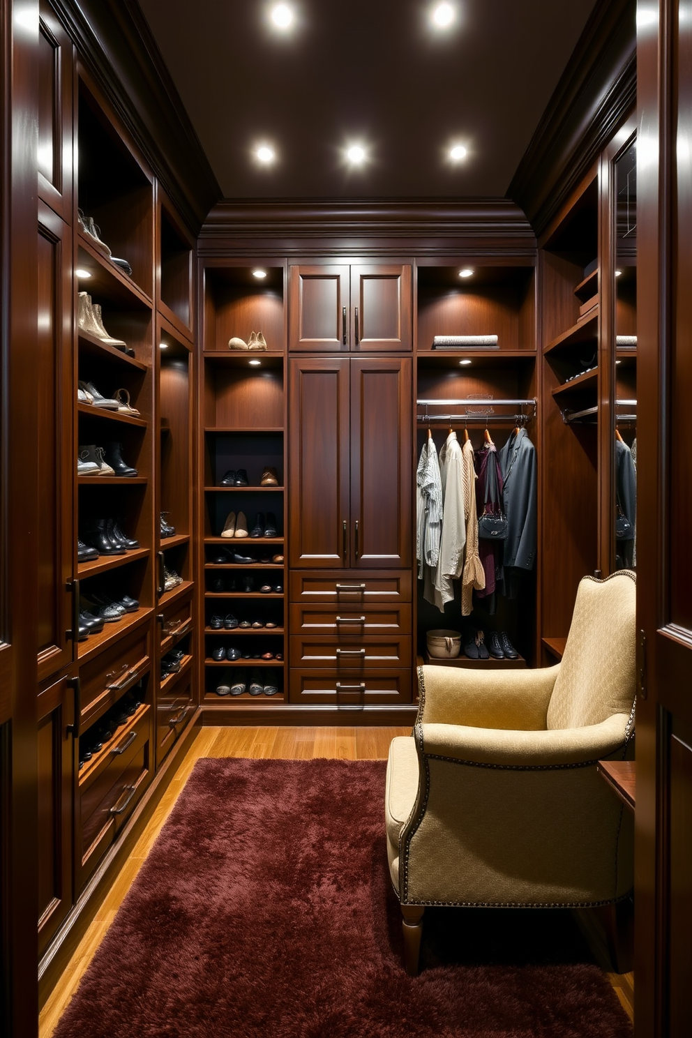 A luxurious walk-in closet featuring dark wood finishes creates a cozy and inviting atmosphere. The shelves and cabinetry are crafted from rich mahogany, providing ample storage for shoes and accessories. Soft lighting fixtures are strategically placed to highlight the elegant details of the space. A plush area rug in deep hues adds warmth underfoot, while a vintage-style armchair offers a perfect spot for relaxation.