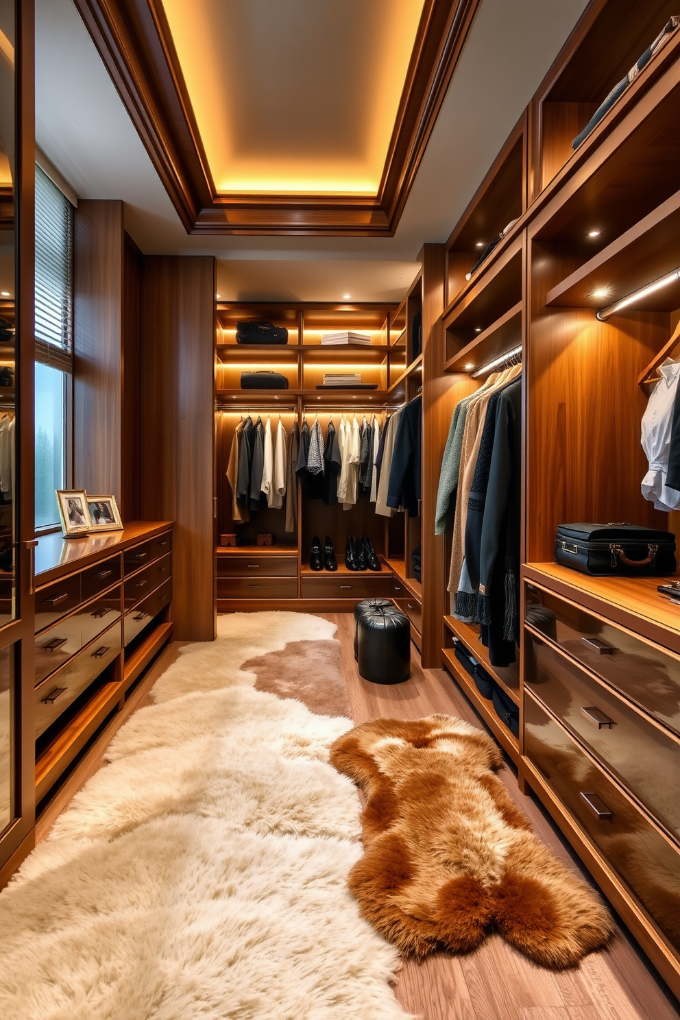 A luxurious walk-in closet featuring plush, lush area rugs that add warmth and texture underfoot. Elegant wooden shelving and hanging spaces are complemented by soft lighting, creating an inviting atmosphere for clothing and accessories.