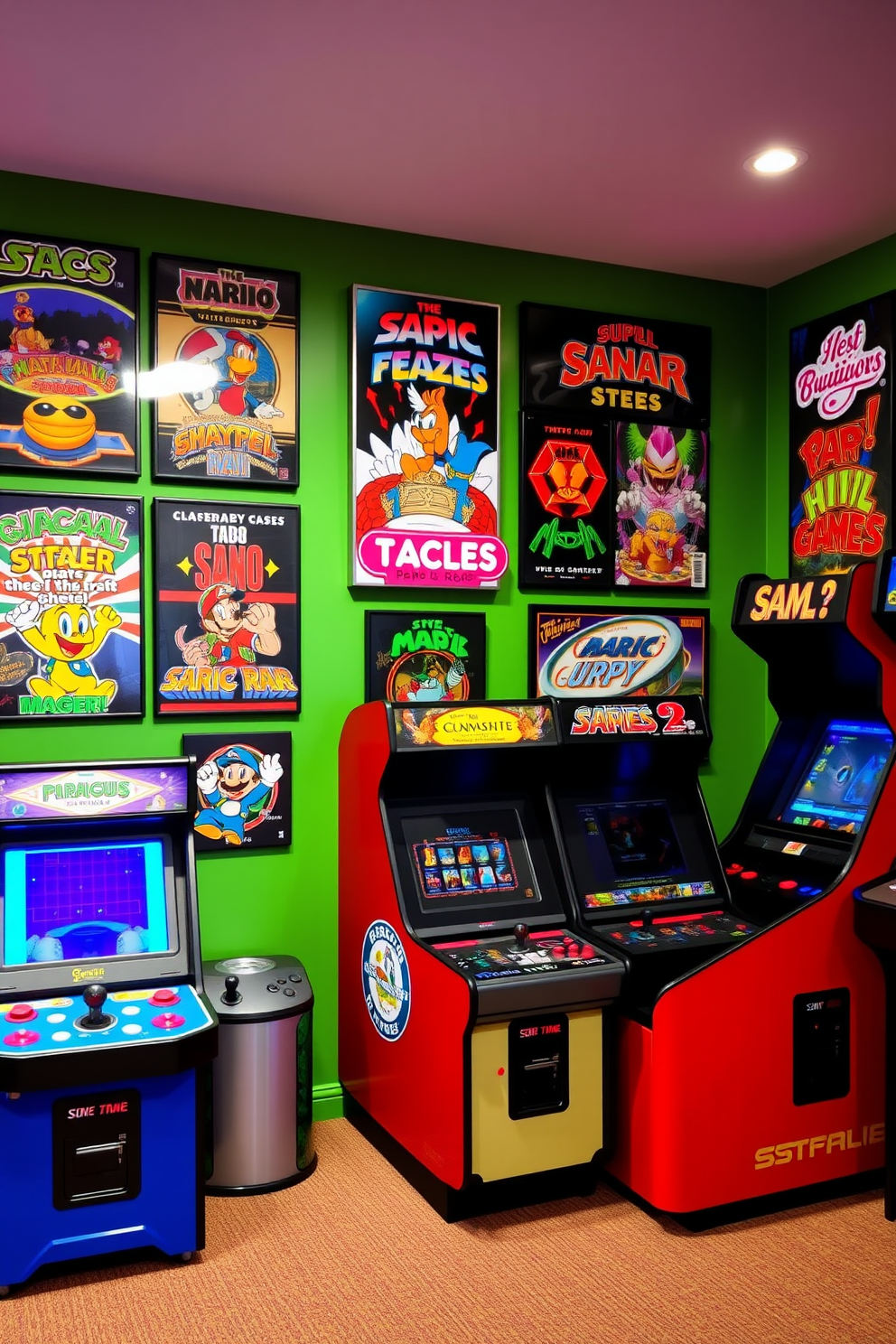 A vibrant video game room featuring a retro arcade game wall art display. The walls are adorned with colorful posters of classic arcade games, creating a nostalgic atmosphere.