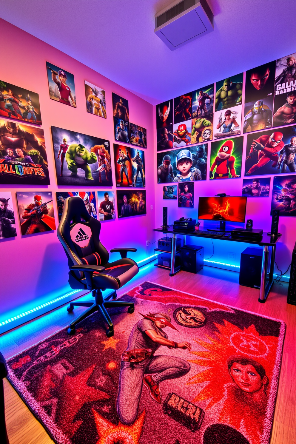 A vibrant video game room filled with posters of favorite video game characters adorning the walls. The space features a comfortable gaming chair and a sleek gaming desk equipped with the latest technology. The floor is covered with a plush area rug that showcases iconic game imagery. Soft LED lighting in various colors creates an immersive atmosphere perfect for gaming sessions.