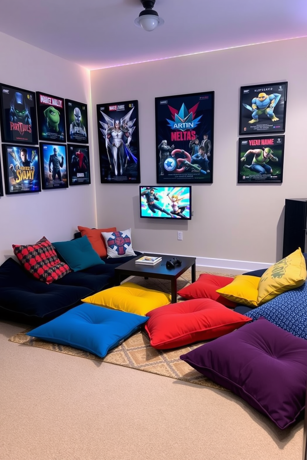 A cozy video game room featuring floor cushions in various colors and patterns scattered around a low coffee table. The walls are adorned with framed posters of popular video games, and soft LED lights create an inviting atmosphere.