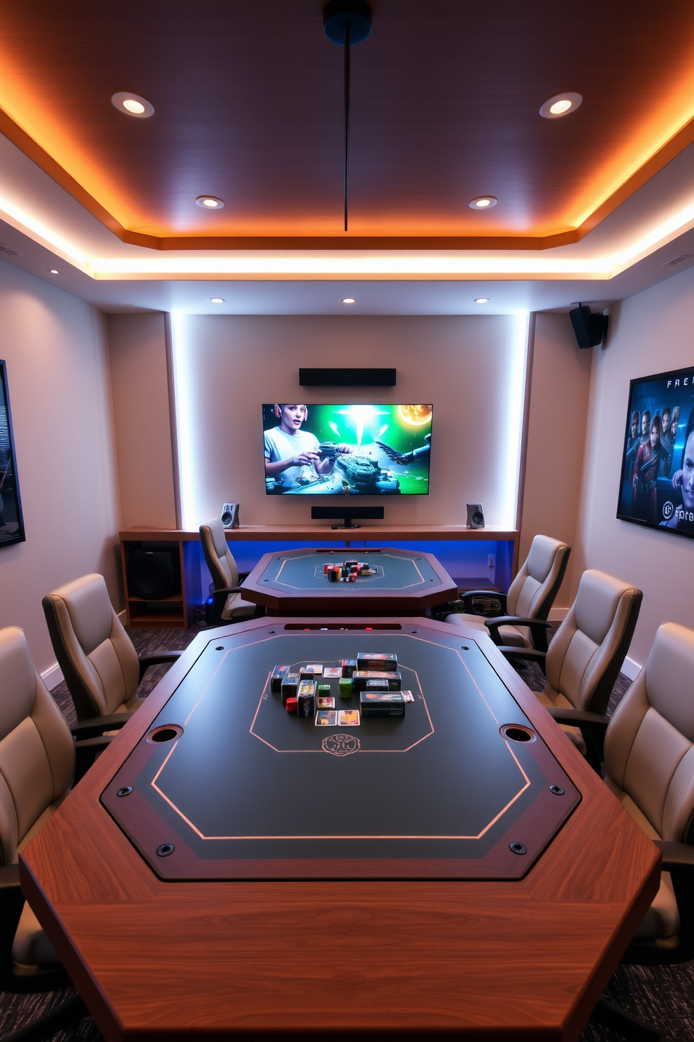 A multiplayer gaming table designed for board games. The table features a large surface with built-in storage for game pieces and cards, surrounded by comfortable, ergonomic chairs. The video game room is designed with a cozy atmosphere. It includes a large screen for gaming, ambient LED lighting, and soundproofing to enhance the gaming experience.