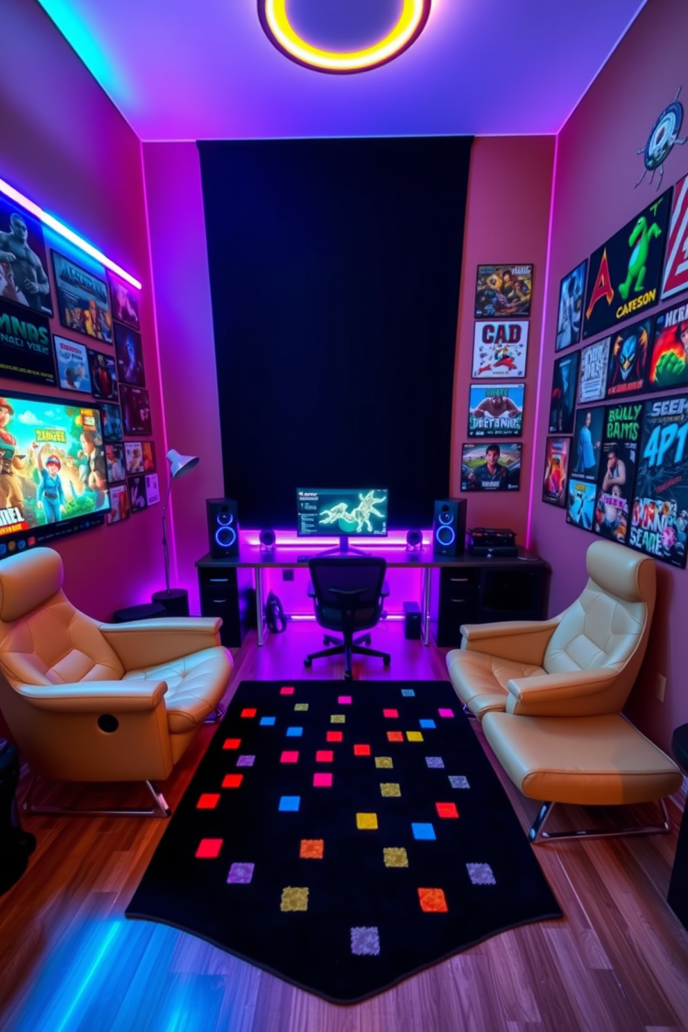 A vibrant video game room filled with mood lighting from color-changing bulbs. The walls are adorned with posters of classic and modern video games, creating an immersive atmosphere. A sleek gaming desk is positioned in front of a large monitor, with RGB lighting illuminating the setup. Comfortable gaming chairs are arranged around a central rug featuring pixel art, enhancing the playful vibe of the space.