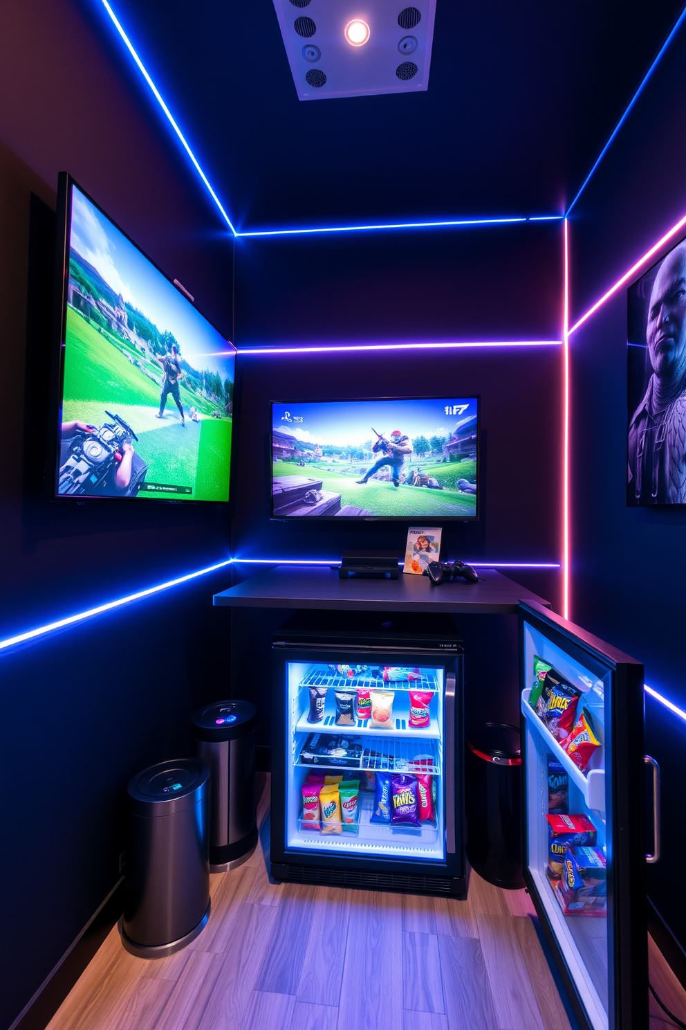 A modern video game room featuring a mini fridge stocked with gamer snacks. The room has dark walls adorned with LED strip lighting and a large screen mounted on the wall for immersive gaming experiences.