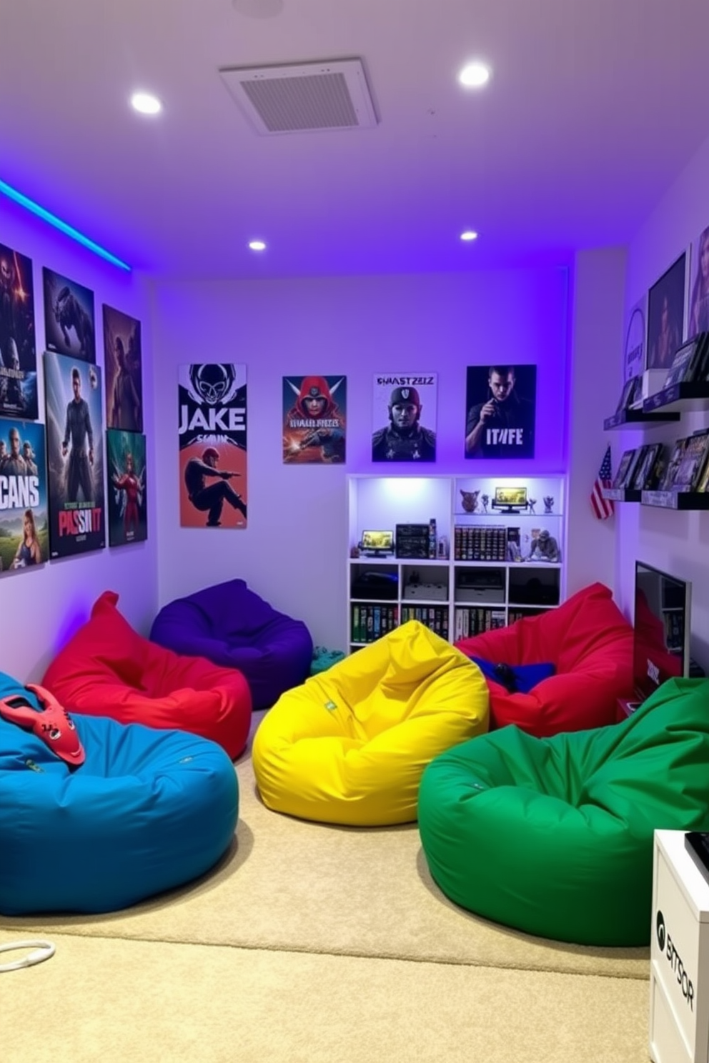 A vibrant gaming room featuring colorful bean bags in various shapes and sizes arranged for optimal comfort. The walls are adorned with posters of popular video games, and LED strip lights create an immersive atmosphere. A cozy nook with oversized bean bags in bright colors, perfect for lounging during gaming sessions. The floor is covered with a plush carpet, and shelves display an impressive collection of video games and collectibles.