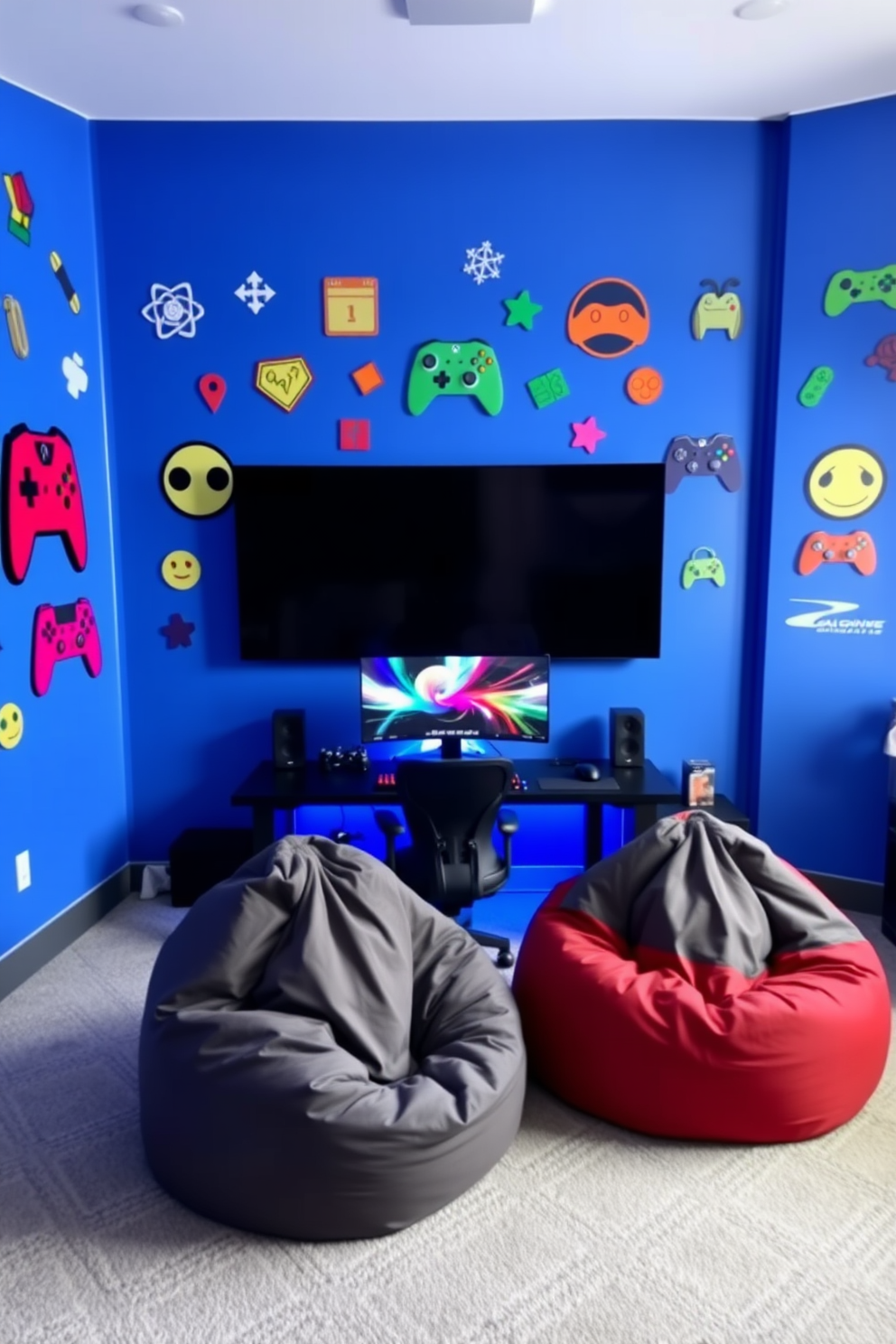 A vibrant video game room featuring wall decals of iconic game symbols. The walls are painted in a bold blue hue, creating an immersive atmosphere for gaming enthusiasts. A large gaming desk occupies the center of the room, equipped with a high-end gaming monitor and colorful LED lighting. Plush bean bag chairs are arranged in front of the desk, providing comfortable seating for multiplayer sessions.