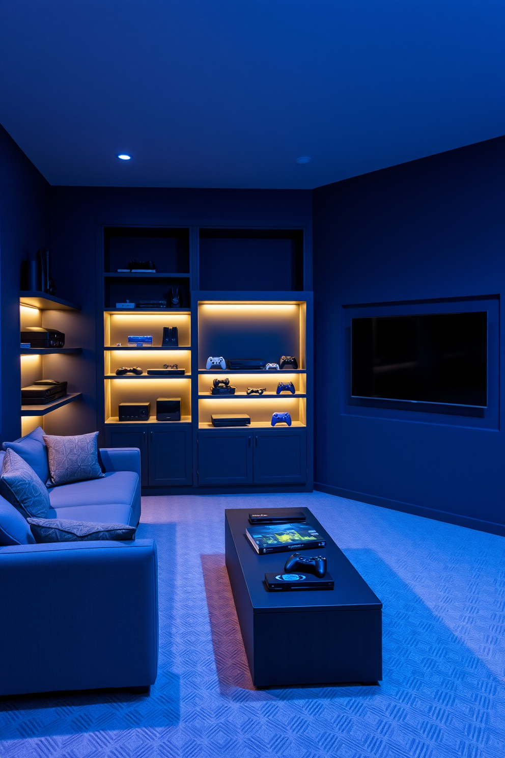 A modern video game room featuring innovative hidden storage solutions for gaming accessories. The walls are painted in a deep blue hue, with sleek shelving units that blend seamlessly into the design, providing ample space for consoles and games. Incorporate a comfortable sectional sofa that invites relaxation, paired with a stylish coffee table that doubles as storage. Ambient lighting enhances the atmosphere, and a large screen is mounted on the wall, creating the perfect gaming experience.