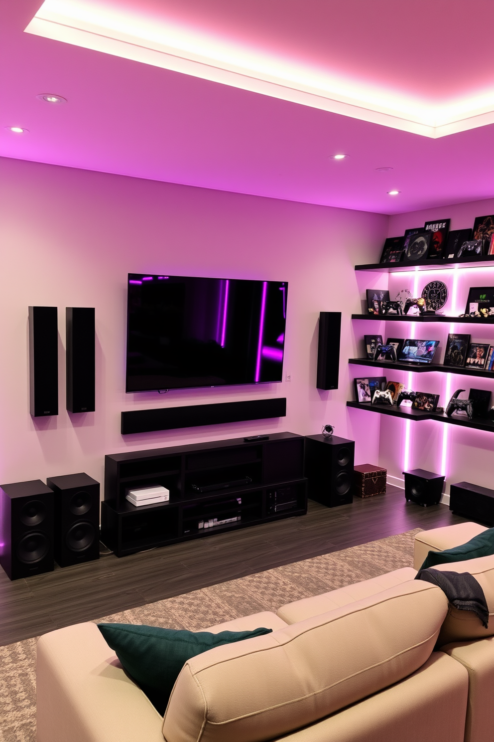 A sleek soundbar setup is positioned beneath a large flat-screen television mounted on the wall. The soundbar is complemented by stylish speakers placed in the corners of the room to create an immersive audio experience. The video game room features a modern gaming console setup with a comfortable sectional sofa facing a large screen. Neon LED lights accent the walls, and shelves display an array of gaming memorabilia and collectibles.