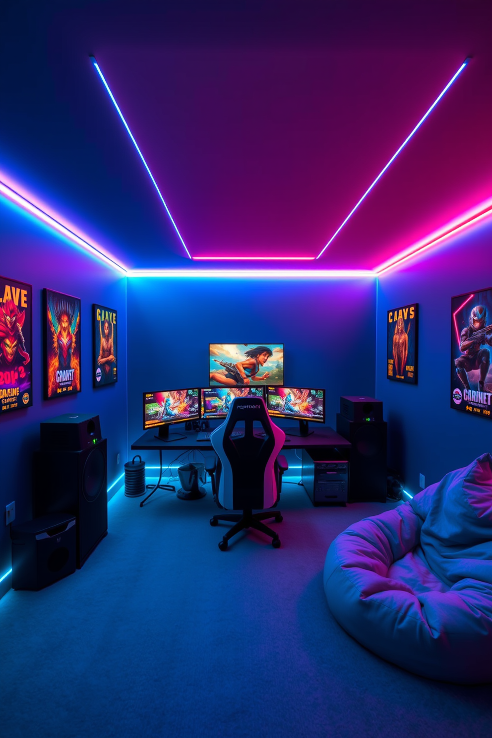 A vibrant video game room featuring neon LED strip lighting that enhances the atmosphere. The walls are painted in a deep blue hue, creating a cozy and immersive environment for gaming enthusiasts. A large gaming desk is positioned in the center, equipped with multiple monitors and a high-end gaming chair. Colorful gaming posters adorn the walls, while a plush bean bag sits in one corner for additional seating.