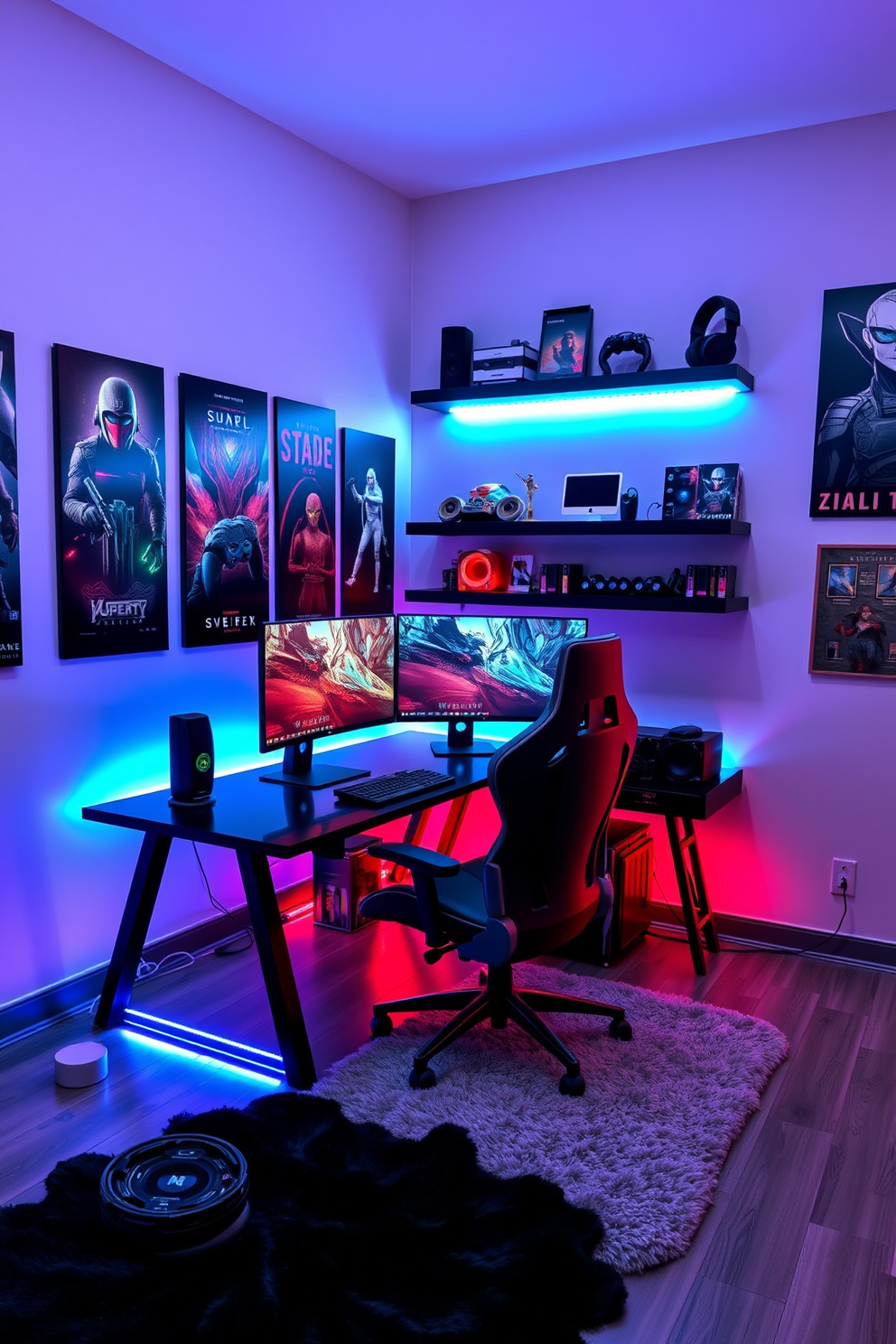 A modern video game room designed for an immersive experience. The room features a dual monitor setup on a sleek black desk, with RGB lighting illuminating the space. The walls are adorned with gaming posters and shelves displaying collectibles. A comfortable gaming chair is positioned in front of the monitors, and a plush rug adds warmth to the floor.