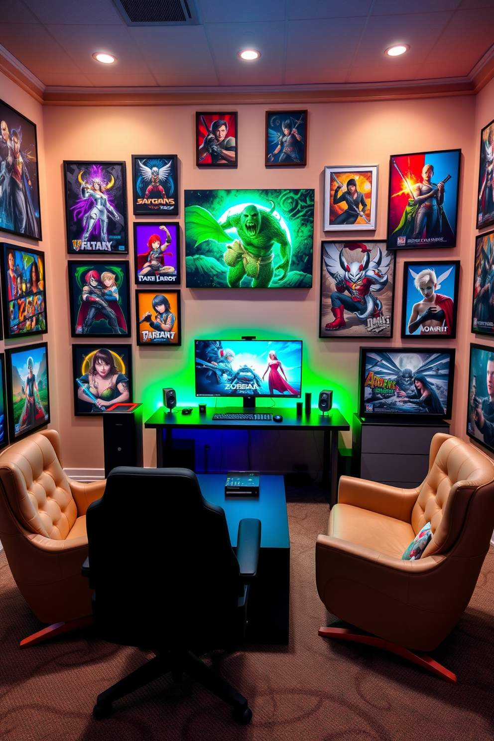 A vibrant video game room filled with framed art prints from favorite games. The walls are adorned with colorful posters and canvas prints, showcasing iconic characters and scenes. A sleek gaming desk is positioned in front of a large monitor, complete with RGB lighting that enhances the atmosphere. Comfortable gaming chairs are arranged around a low table, creating an inviting space for friends to gather and play.