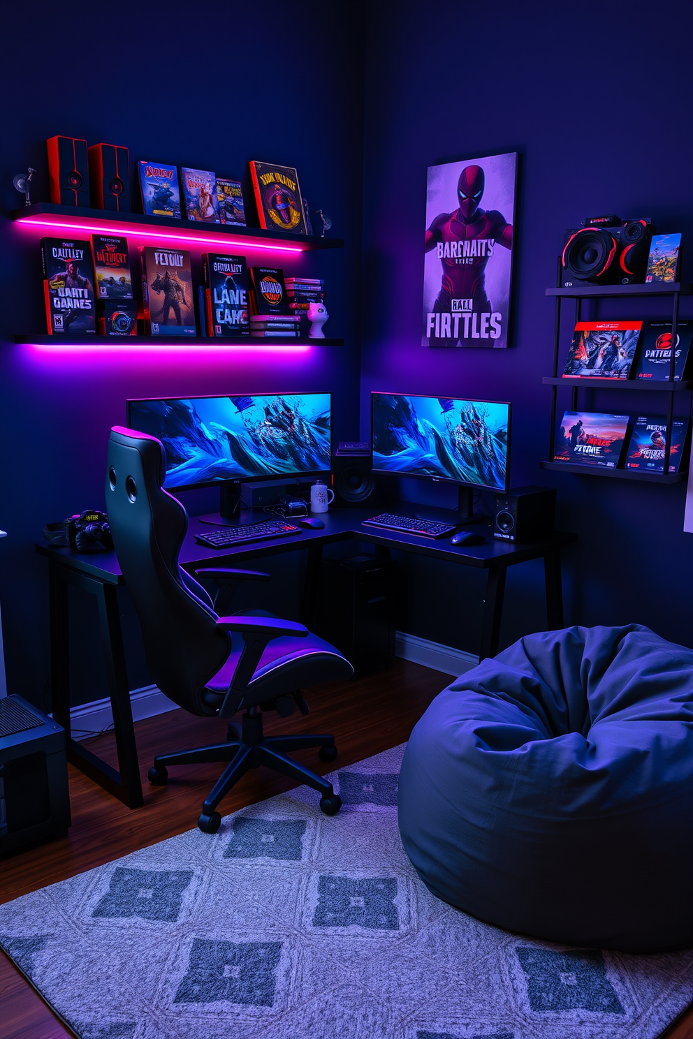 A modern gaming corner featuring a sleek black desk with an ergonomic gaming chair. The setup includes dual monitors mounted on the wall, RGB lighting strips illuminating the space, and shelves filled with video game collectibles. The walls are painted in a deep navy blue, creating a cozy atmosphere. A plush area rug in a geometric pattern adds comfort underfoot, while a large bean bag chair provides additional seating for friends.