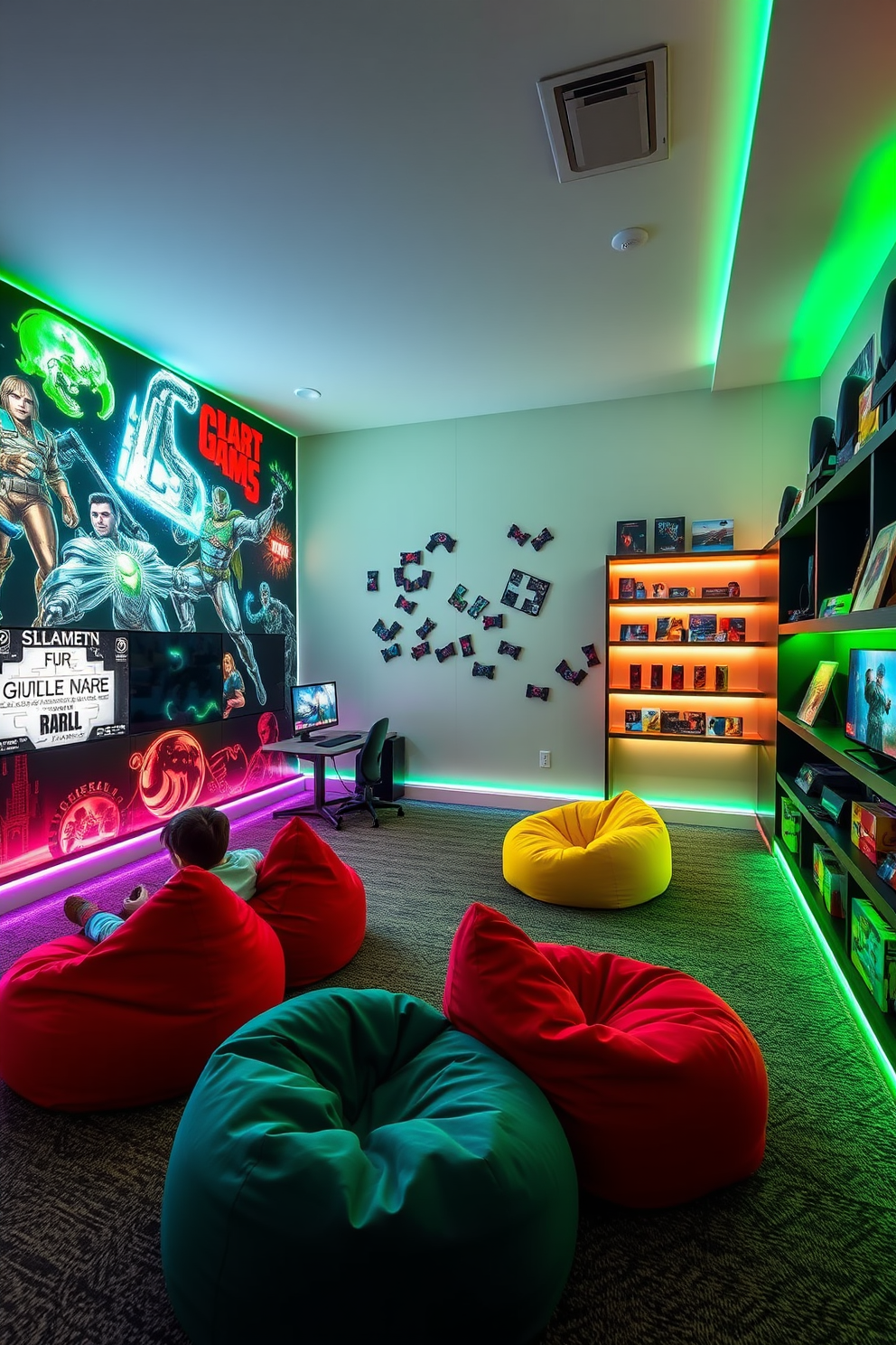 A dynamic video game room featuring an interactive wall adorned with game-inspired puzzles that engage players. The space includes comfortable seating with colorful bean bags and ambient LED lighting that changes according to the gameplay. The floors are covered with a plush carpet that enhances comfort during long gaming sessions. Shelves are lined with game memorabilia and artwork, creating a vibrant and immersive atmosphere.