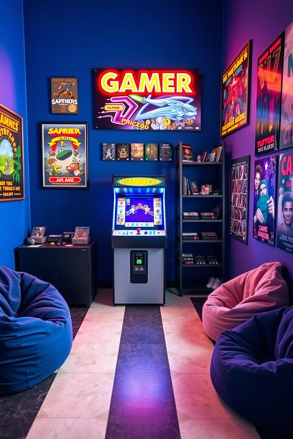 A vintage arcade machine stands as the centerpiece of the room, surrounded by retro gaming posters and vibrant neon lights. The walls are painted in a deep blue, and plush bean bags are scattered around for comfortable seating. A sleek black shelf holds an array of classic game cartridges and collectibles, adding to the nostalgic atmosphere. The floor features a checkered pattern reminiscent of old-school gaming lounges, enhancing the playful vibe of the space.