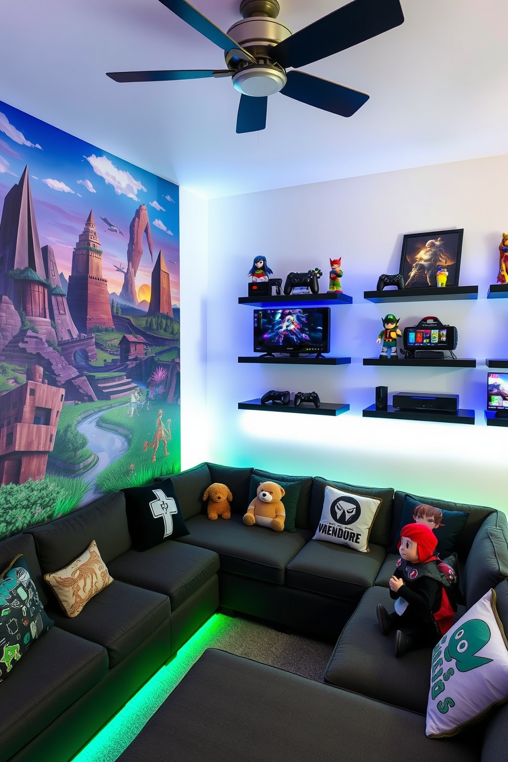 A custom mural depicting iconic landscapes from your favorite video games covers one wall, immersing the room in a vibrant and playful atmosphere. The opposite wall features sleek gaming consoles and shelves filled with collectibles, creating a dynamic and engaging video game room. The seating area includes a comfortable sectional sofa adorned with themed cushions, inviting friends to gather and enjoy gaming sessions. Ambient LED lighting enhances the mood, allowing for customizable colors that match the energy of the games being played.