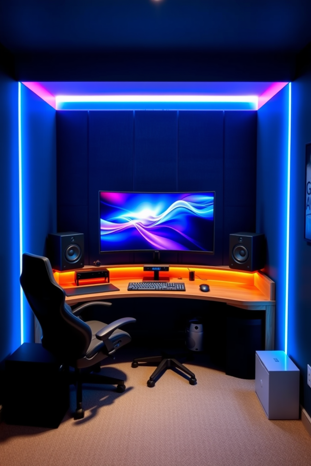 A modern gaming room that seamlessly integrates smart home technology for an immersive experience. The setup includes a large curved monitor, RGB lighting strips, and a high-quality sound system, all controlled via a central smart hub. The walls are painted a deep blue, creating a cozy atmosphere, while soundproof panels enhance audio quality. A sleek gaming chair and a custom-built desk with cable management features complete the design, ensuring a clutter-free environment.