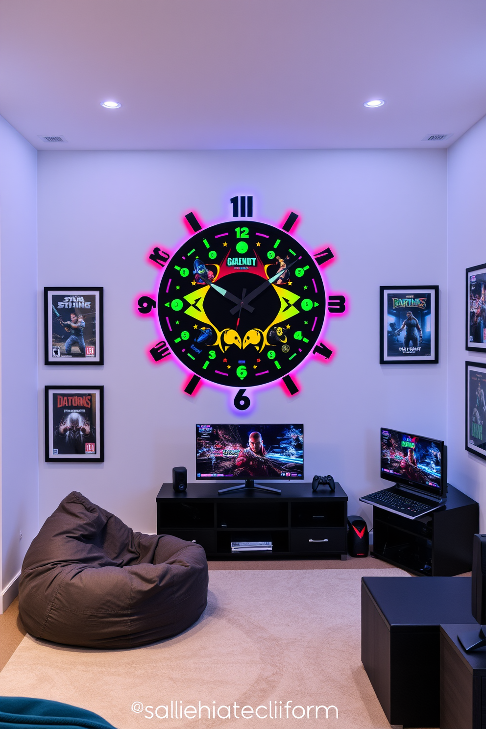 A gaming-themed clock designed as a large wall decor piece. The clock features vibrant colors and iconic symbols from popular video games, making it a striking focal point in the room. The video game room design incorporates comfortable seating with plush bean bags and a sleek gaming console setup. Walls are adorned with framed artwork of classic game covers and LED strip lighting for an immersive atmosphere.