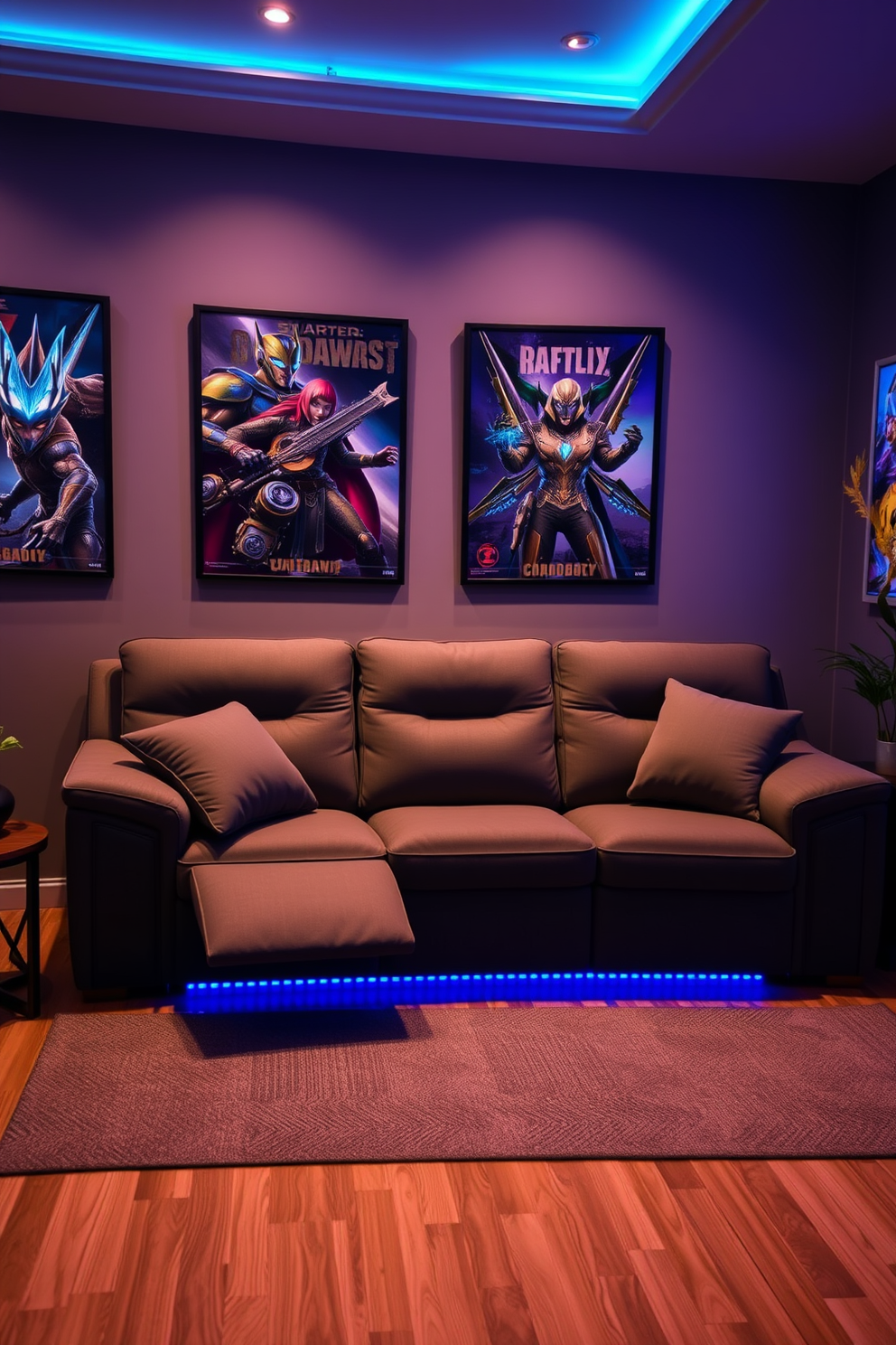 A comfortable sofa designed for long gaming sessions. It features plush cushions and a reclining backrest, upholstered in a durable fabric that is easy to clean. The room is equipped with ambient LED lighting that enhances the gaming experience. Walls are adorned with framed posters of popular video games, creating an immersive atmosphere.