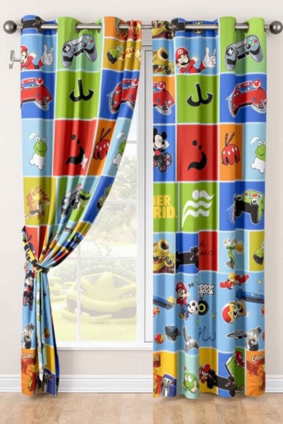 A vibrant game-themed curtain design featuring colorful graphics of popular video game characters and icons. The curtains are made from a durable fabric that allows for easy cleaning and maintenance while adding a playful touch to the room. The window treatments are complemented by matching tiebacks that feature game controller motifs. This design creates an immersive atmosphere, perfect for a dedicated video game room.