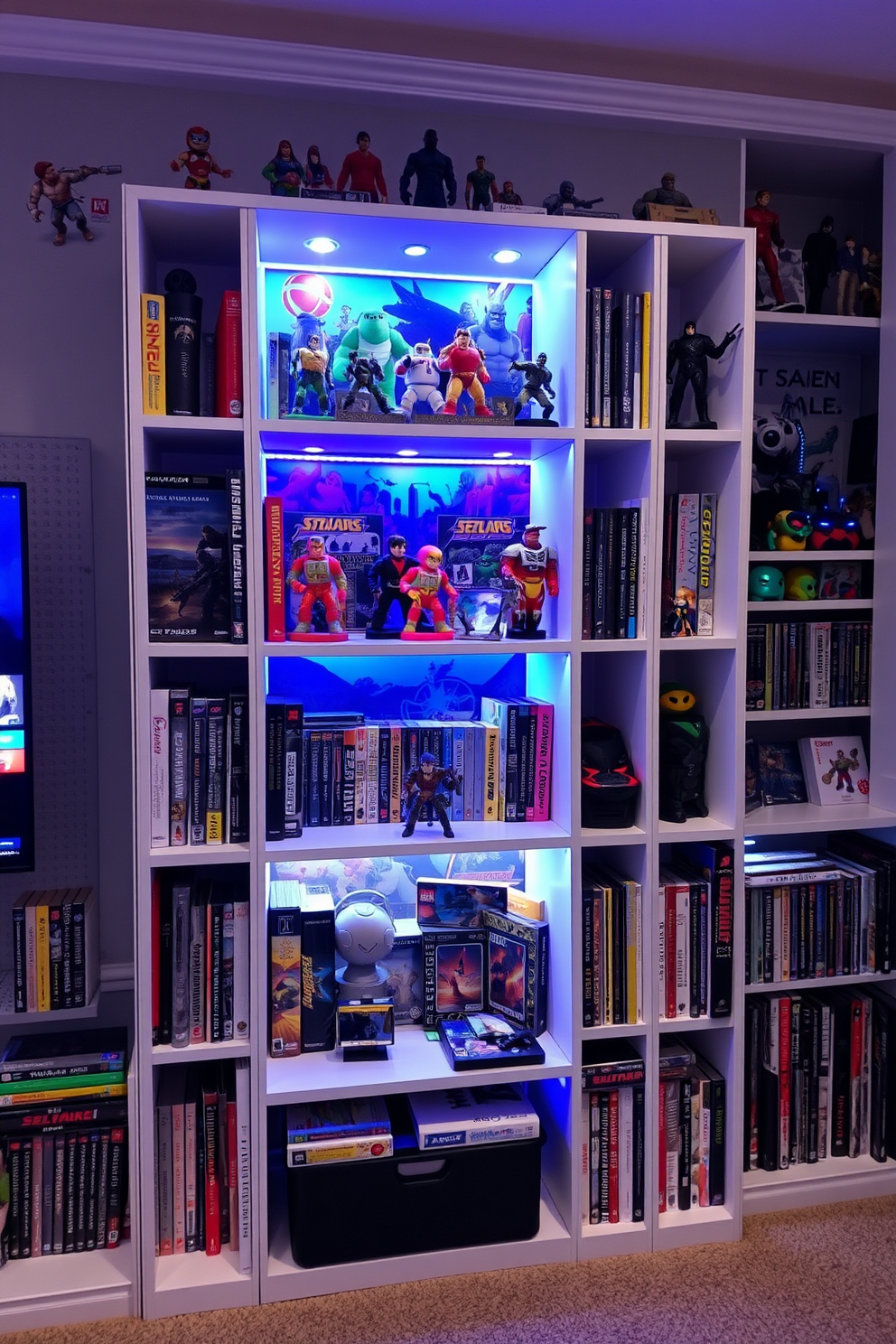 A game-themed bookshelf filled with an array of colorful collectibles and action figures. The shelves are designed with a mix of open and closed storage, showcasing retro games and modern titles side by side. The backdrop features a vibrant mural depicting iconic scenes from popular video games. Soft LED lighting highlights the collectibles, creating a dynamic atmosphere perfect for gaming enthusiasts.