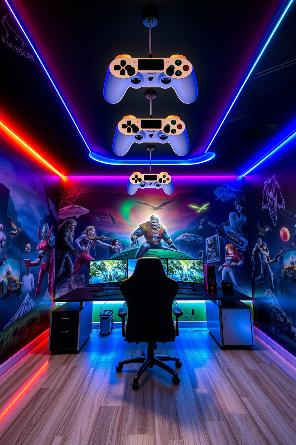 A dynamic video game room featuring unique lighting fixtures inspired by popular video games. The walls are adorned with vibrant murals depicting iconic game scenes, while LED strip lights illuminate the space in various colors. In the center of the room, a sleek gaming desk holds multiple monitors and an ergonomic chair. Above, pendant lights shaped like game controllers cast a warm glow, enhancing the immersive atmosphere.